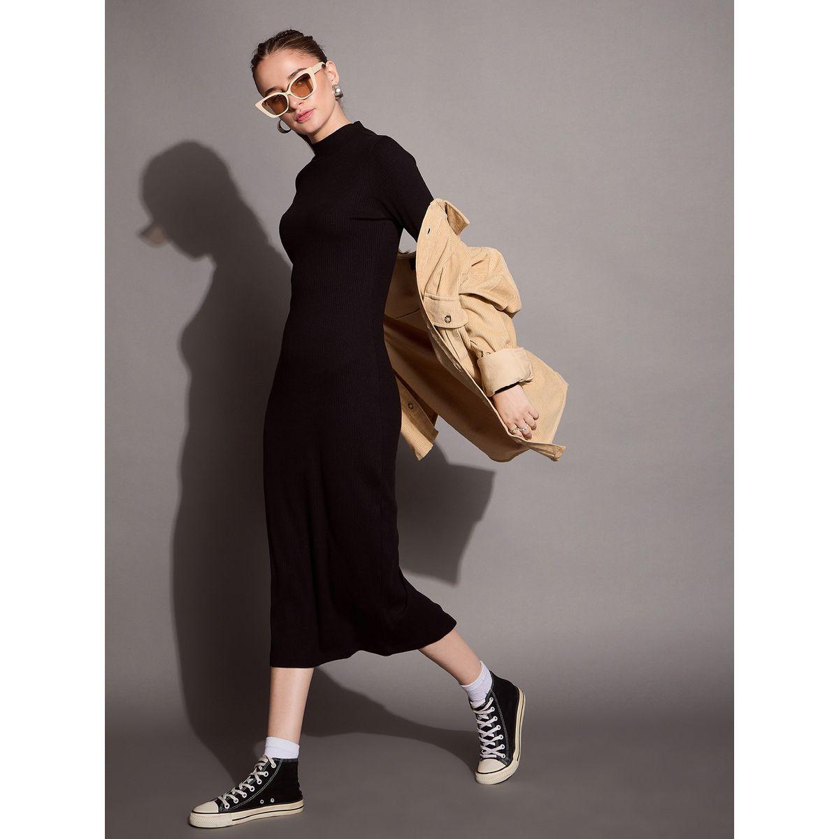 فستان ميدي ضيق بتفاصيل مضلعة وشق ساسافراس × ستايلي-women-clothing-dresses-image-1