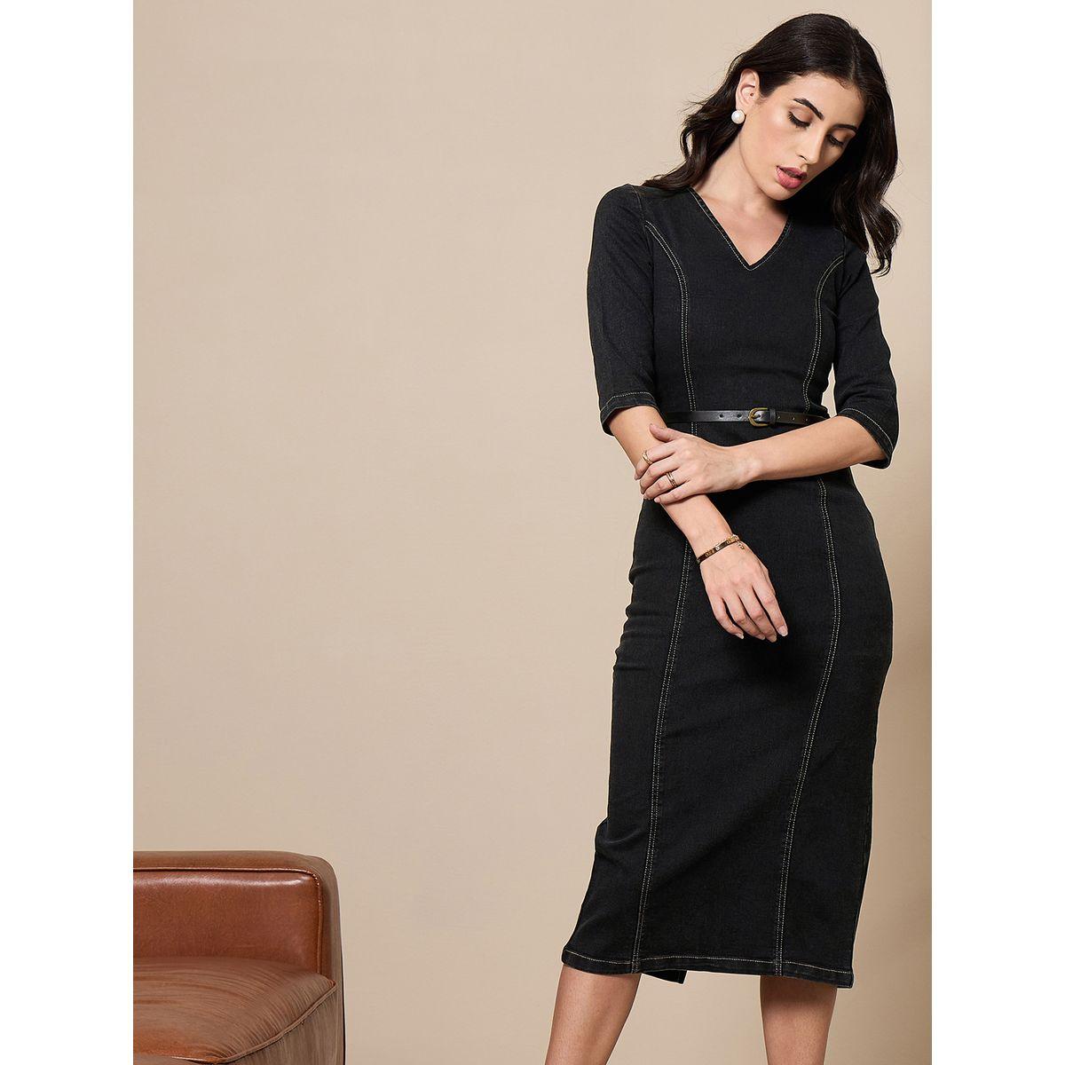 Sassafras X Styli  V Neck Denim Midi Dress with Contrast Stitch Detail-women-clothing-dresses-image-1