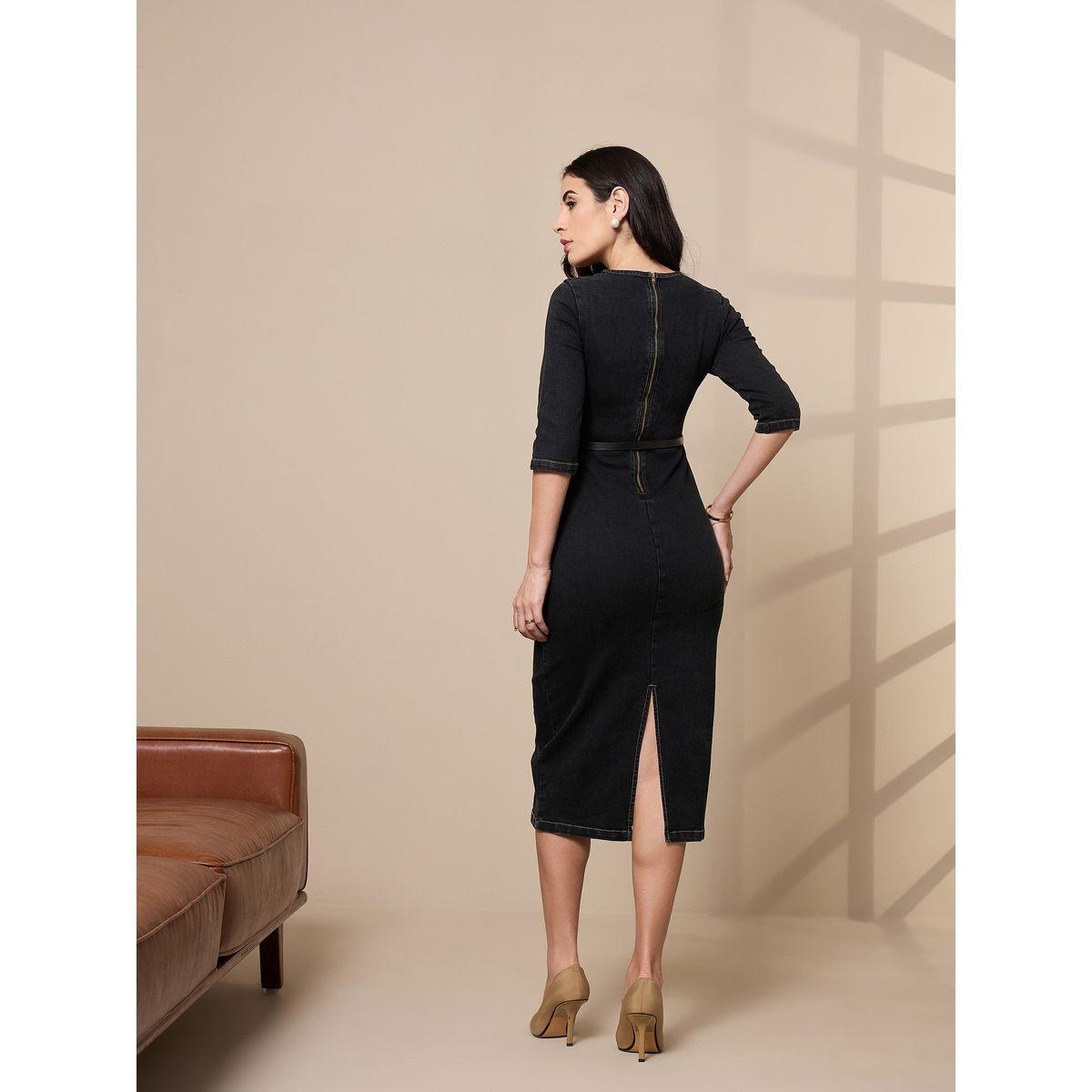 Sassafras X Styli  V Neck Denim Midi Dress with Contrast Stitch Detail-women-clothing-dresses-image-3