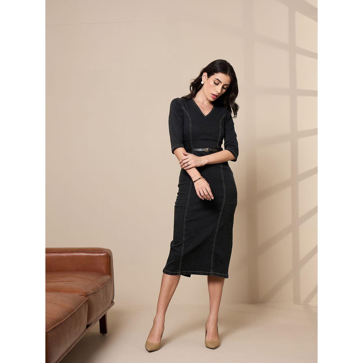 Sassafras X Styli  V Neck Denim Midi Dress with Contrast Stitch Detail-women-clothing-dresses-image-4