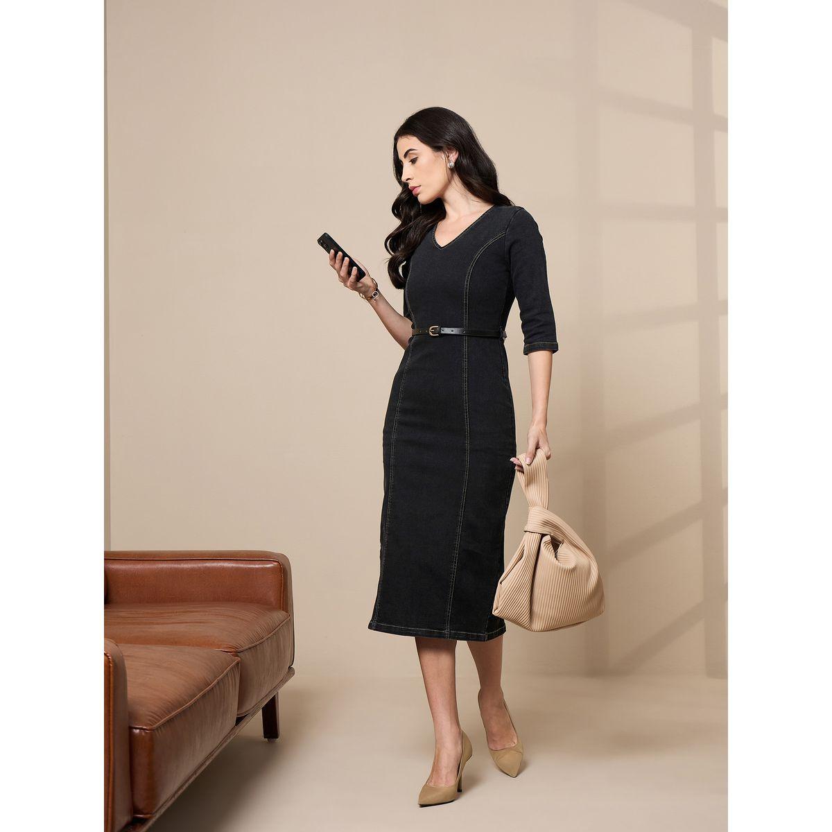 Sassafras X Styli  V Neck Denim Midi Dress with Contrast Stitch Detail-women-clothing-dresses-image-5