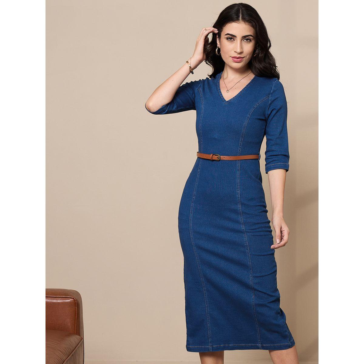 فستان ميدي دنيم بتفاصيل درزات مُتباينة ساسافراس × ستايلي-women-clothing-dresses-image-2