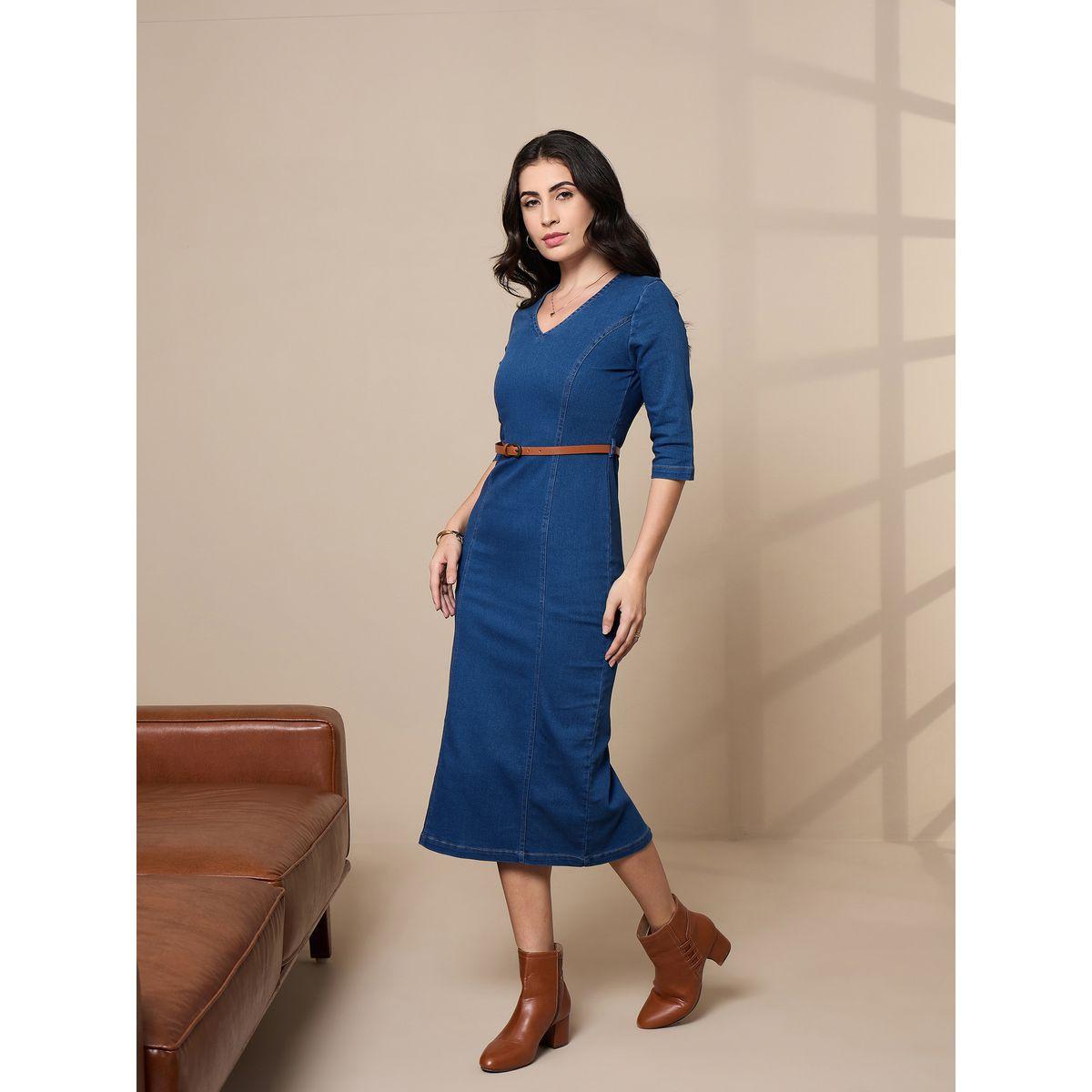فستان ميدي دنيم بتفاصيل درزات مُتباينة ساسافراس × ستايلي-women-clothing-dresses-image-3