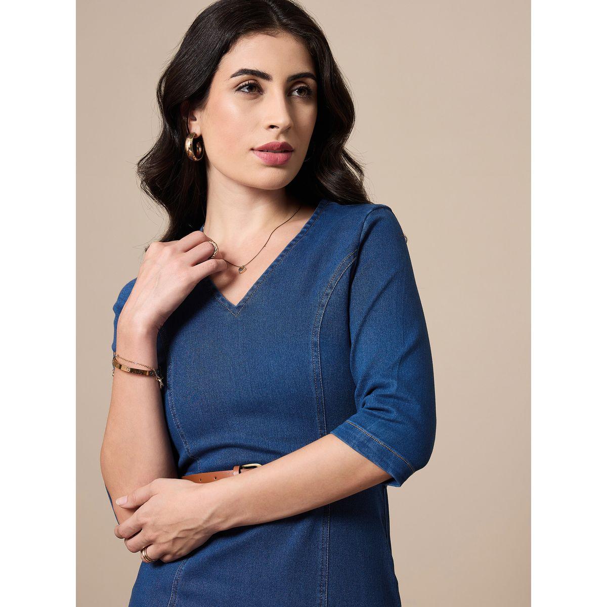 فستان ميدي دنيم بتفاصيل درزات مُتباينة ساسافراس × ستايلي-women-clothing-dresses-image-4