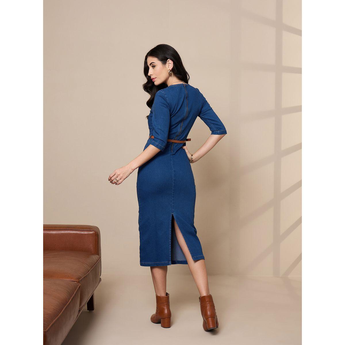 فستان ميدي دنيم بتفاصيل درزات مُتباينة ساسافراس × ستايلي-women-clothing-dresses-image-5