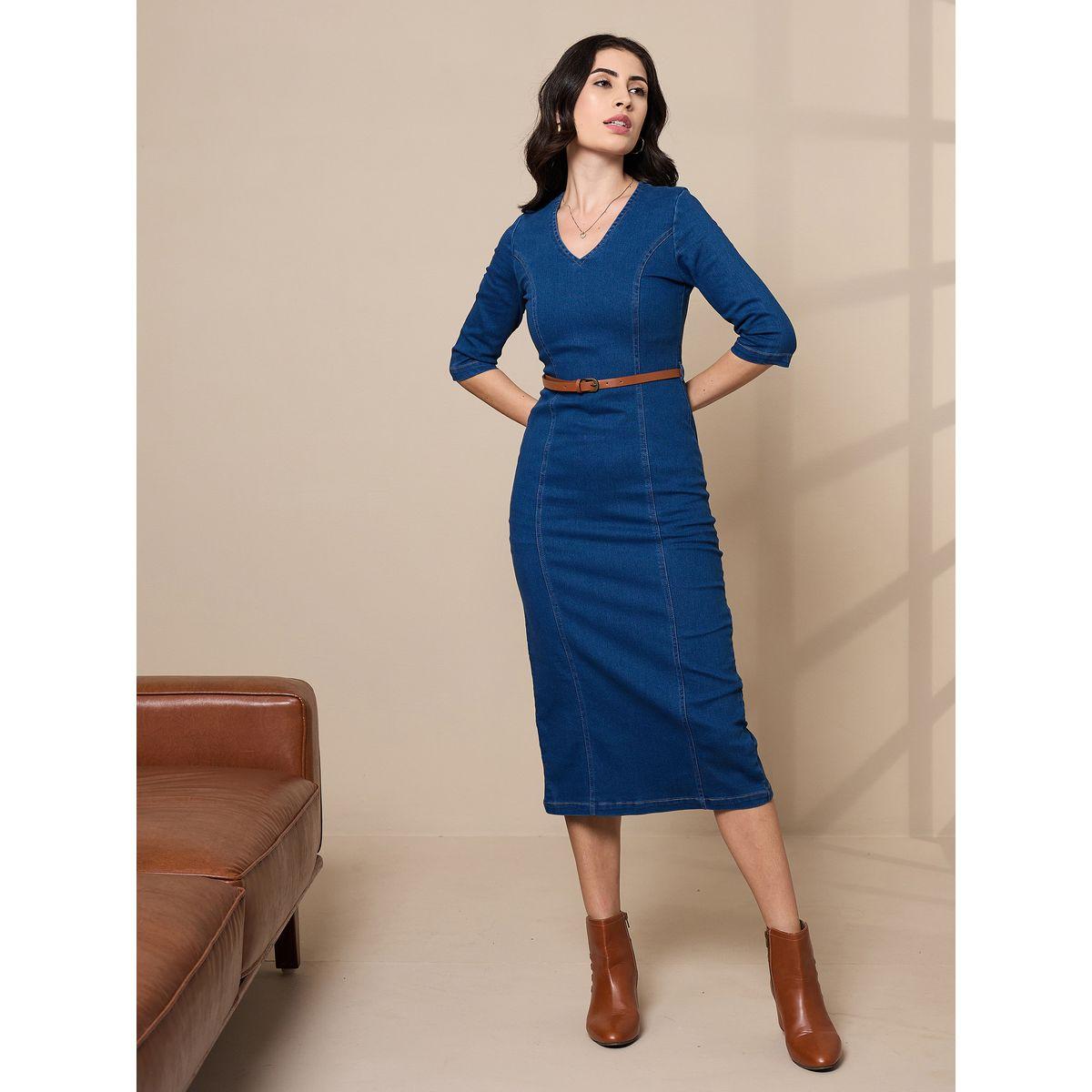 فستان ميدي دنيم بتفاصيل درزات مُتباينة ساسافراس × ستايلي-women-clothing-dresses-image-7
