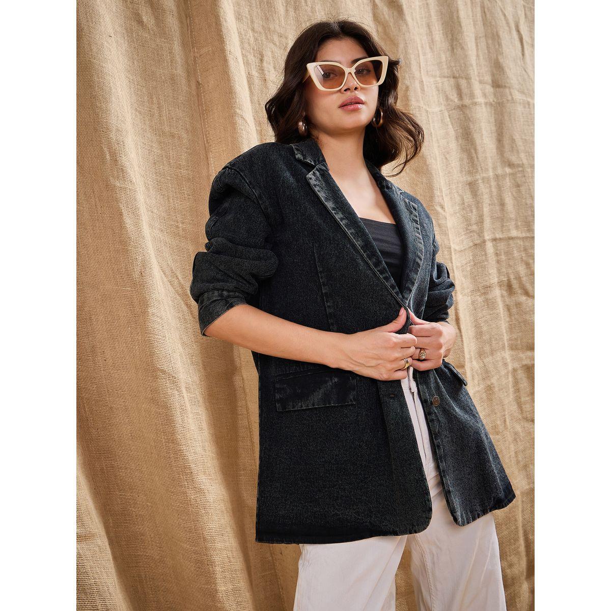 بليزر دنيم فضفاض بياقة نوتش ساسافراس × ستايلي-women-clothing-coatsandjackets-blazers-image-1