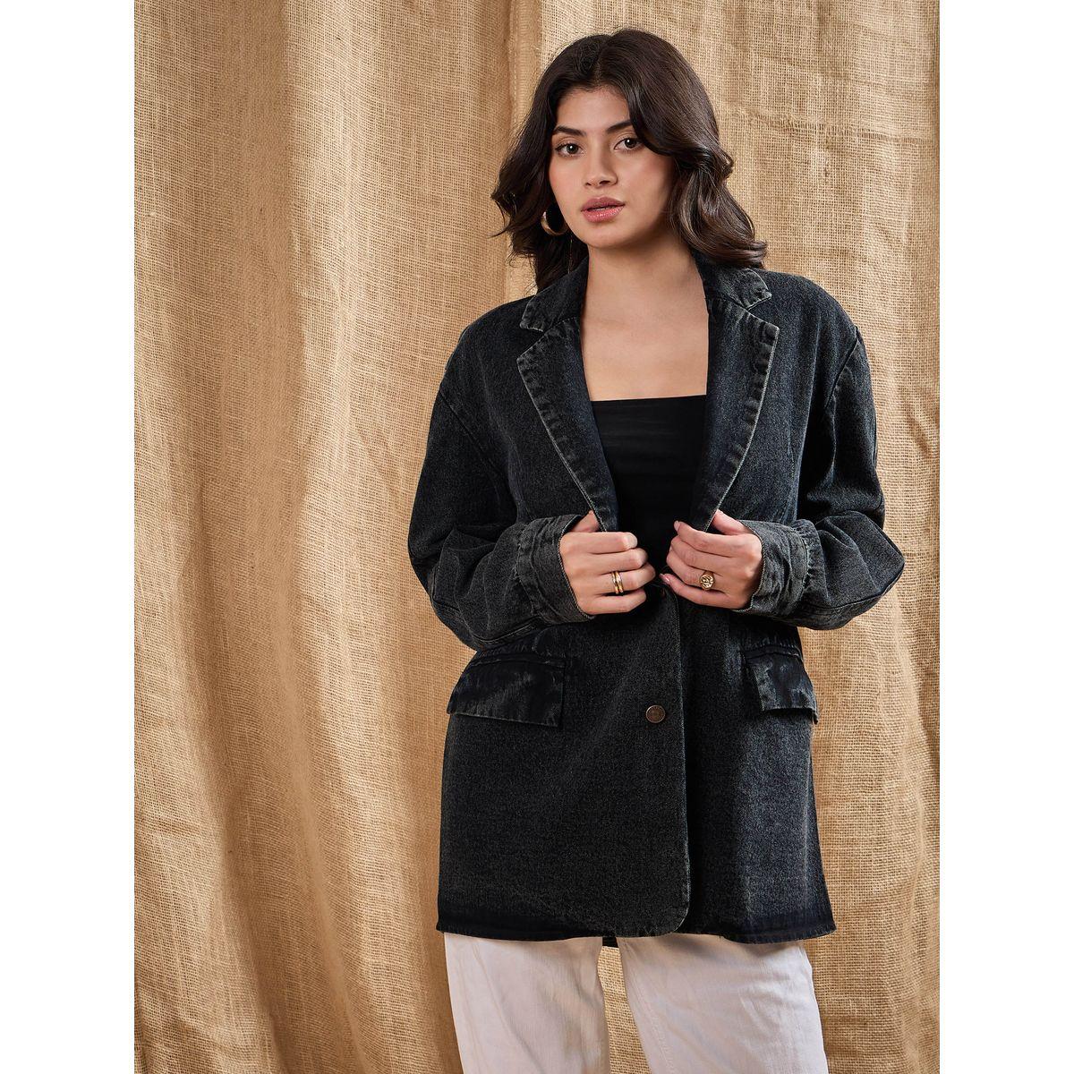 بليزر دنيم فضفاض بياقة نوتش ساسافراس × ستايلي-women-clothing-coatsandjackets-blazers-image-2