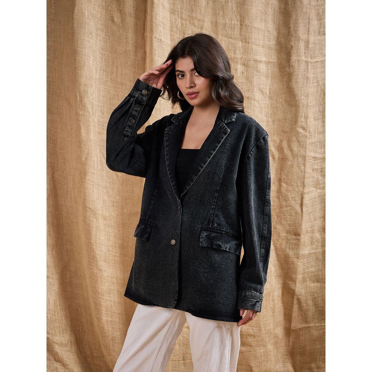 بليزر دنيم فضفاض بياقة نوتش ساسافراس × ستايلي-women-clothing-coatsandjackets-blazers-image-3