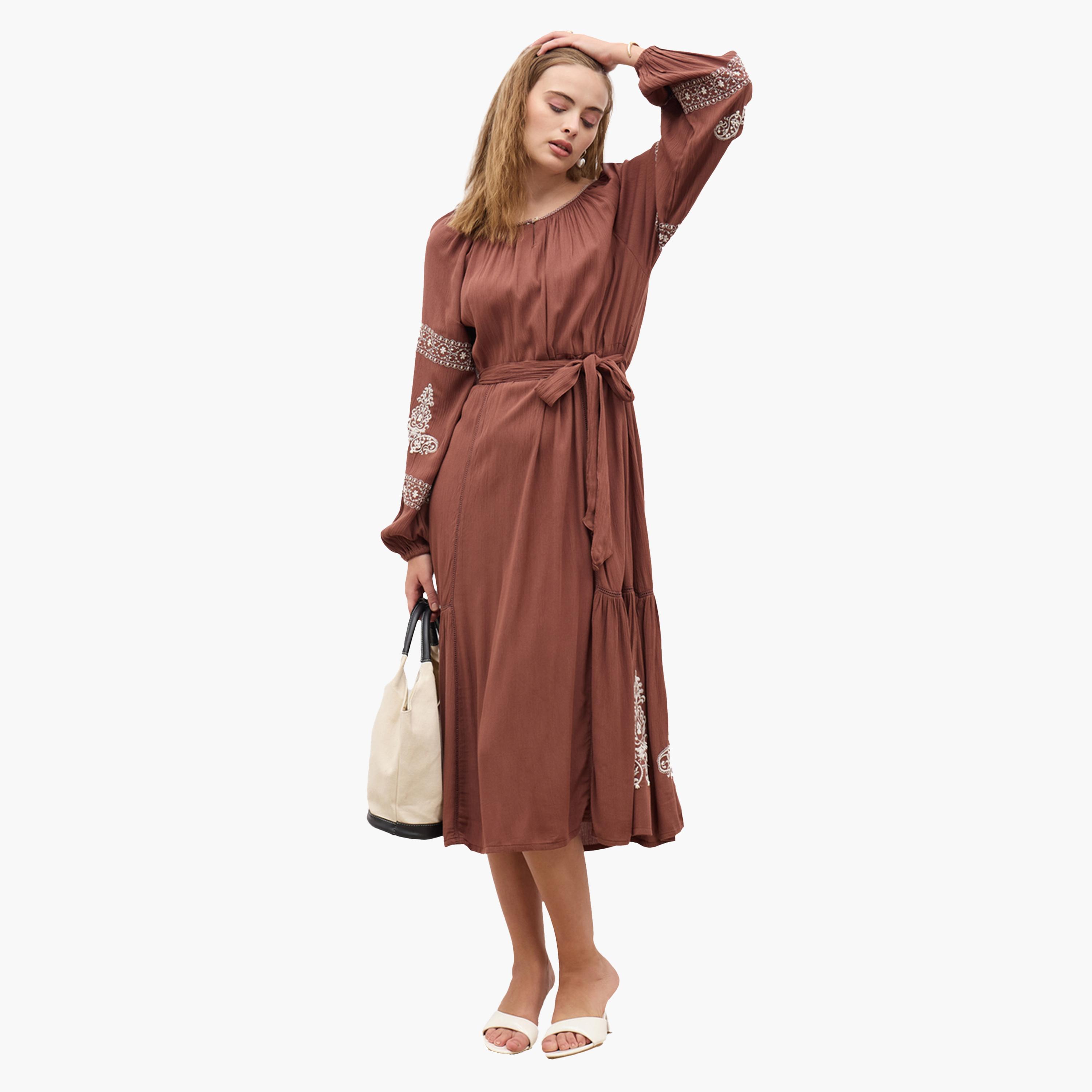 Styli Embroidered Long Sleeves A-Line Midi Dress with Tie Detail-women-clothing-dresses-image-1