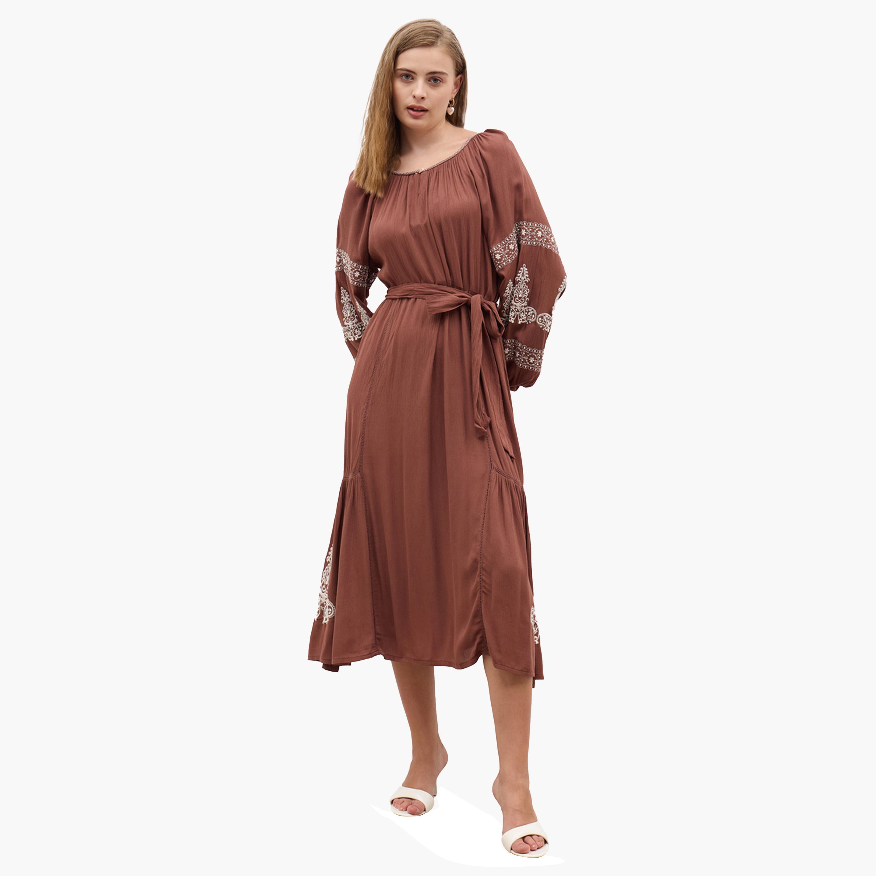 Styli Embroidered Long Sleeves A-Line Midi Dress with Tie Detail-women-clothing-dresses-image-2