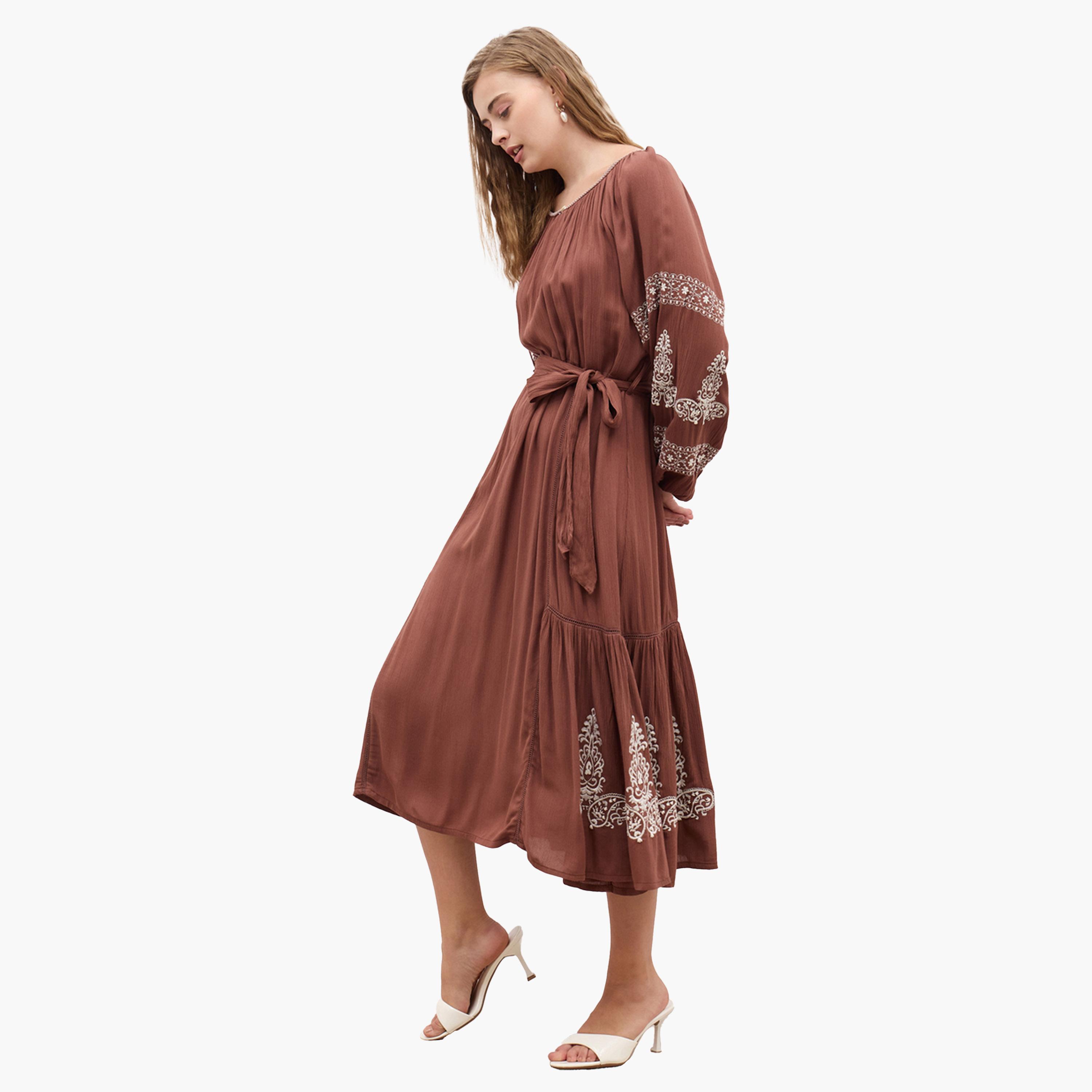 Styli Embroidered Long Sleeves A-Line Midi Dress with Tie Detail-women-clothing-dresses-image-3