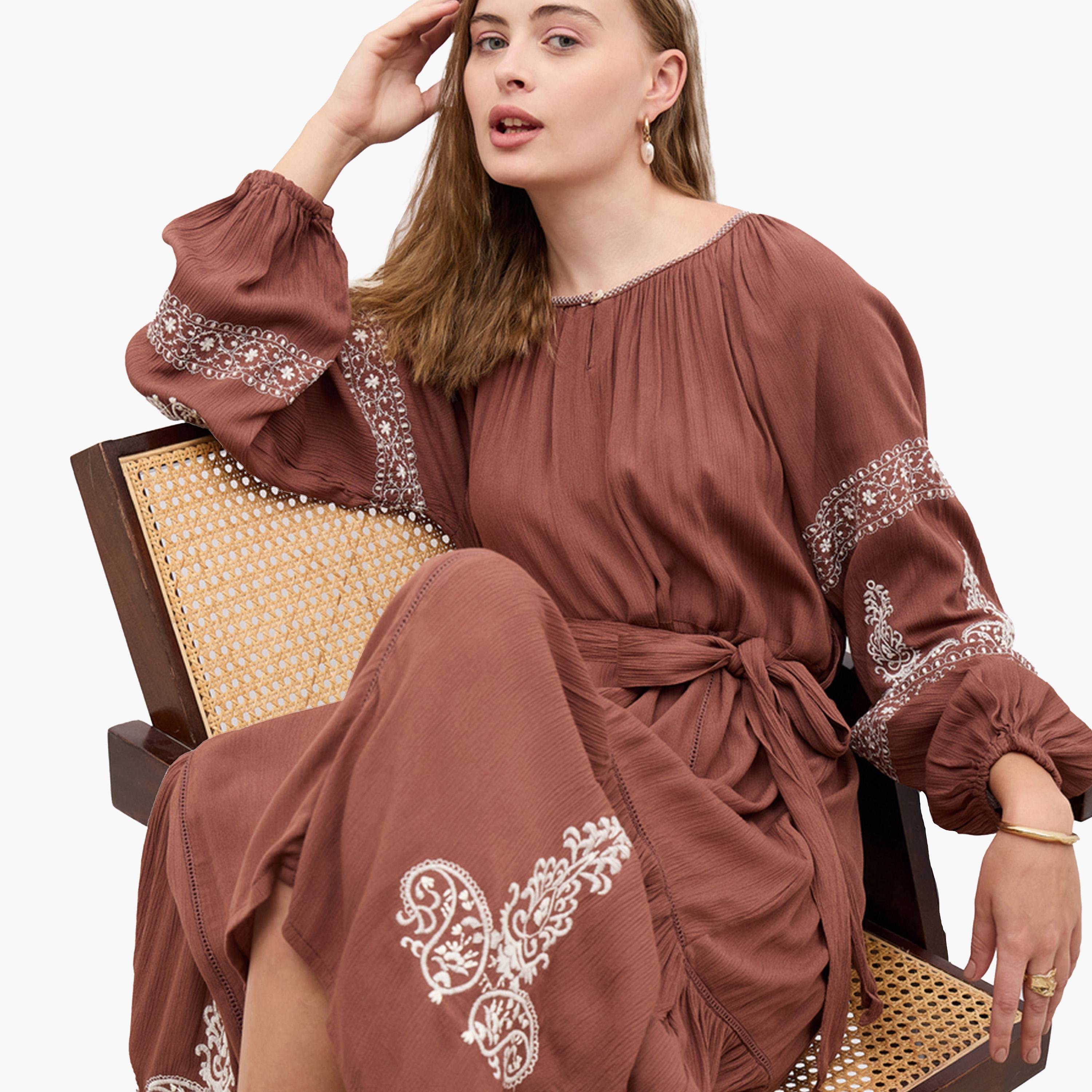 Styli Embroidered Long Sleeves A-Line Midi Dress with Tie Detail-women-clothing-dresses-image-6