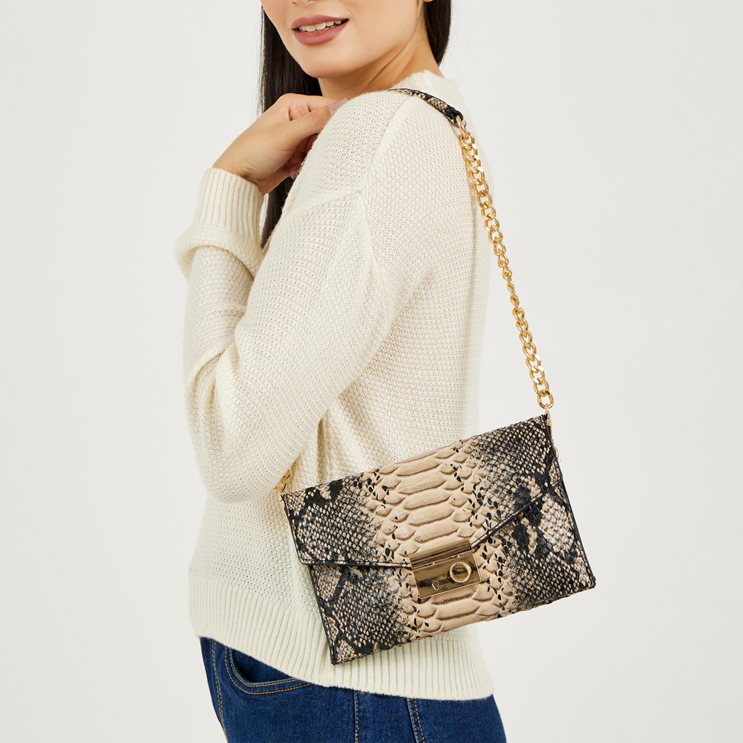 Styli Snakeskin Print Clutch Bag with Chain Strap-women-bagsandwallets-handbags-image-2