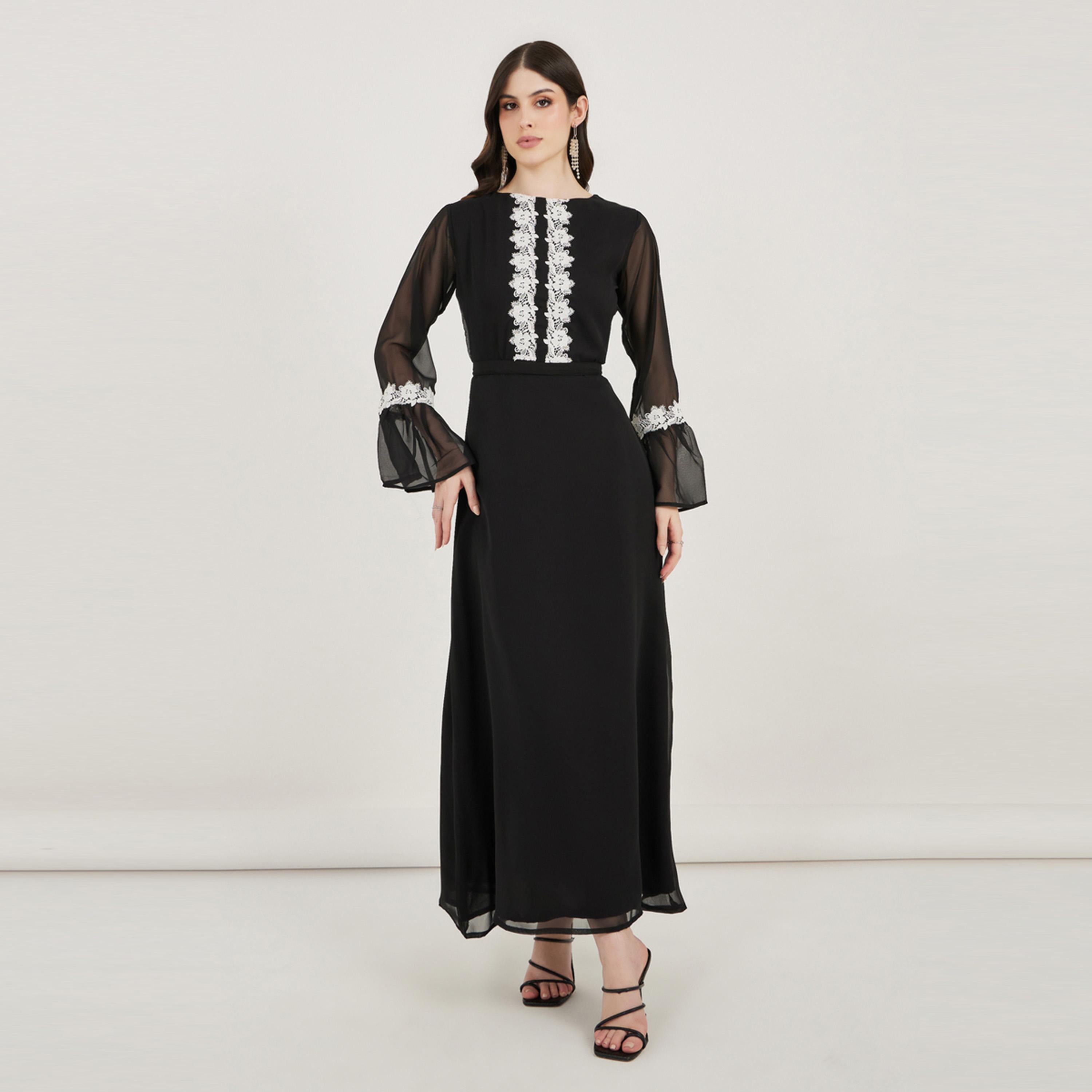 Maxim Creation X Styli  Flower Lace Insert Bell Sleeve Maxi Dress-women-arabicclothing-kaftan-image-1