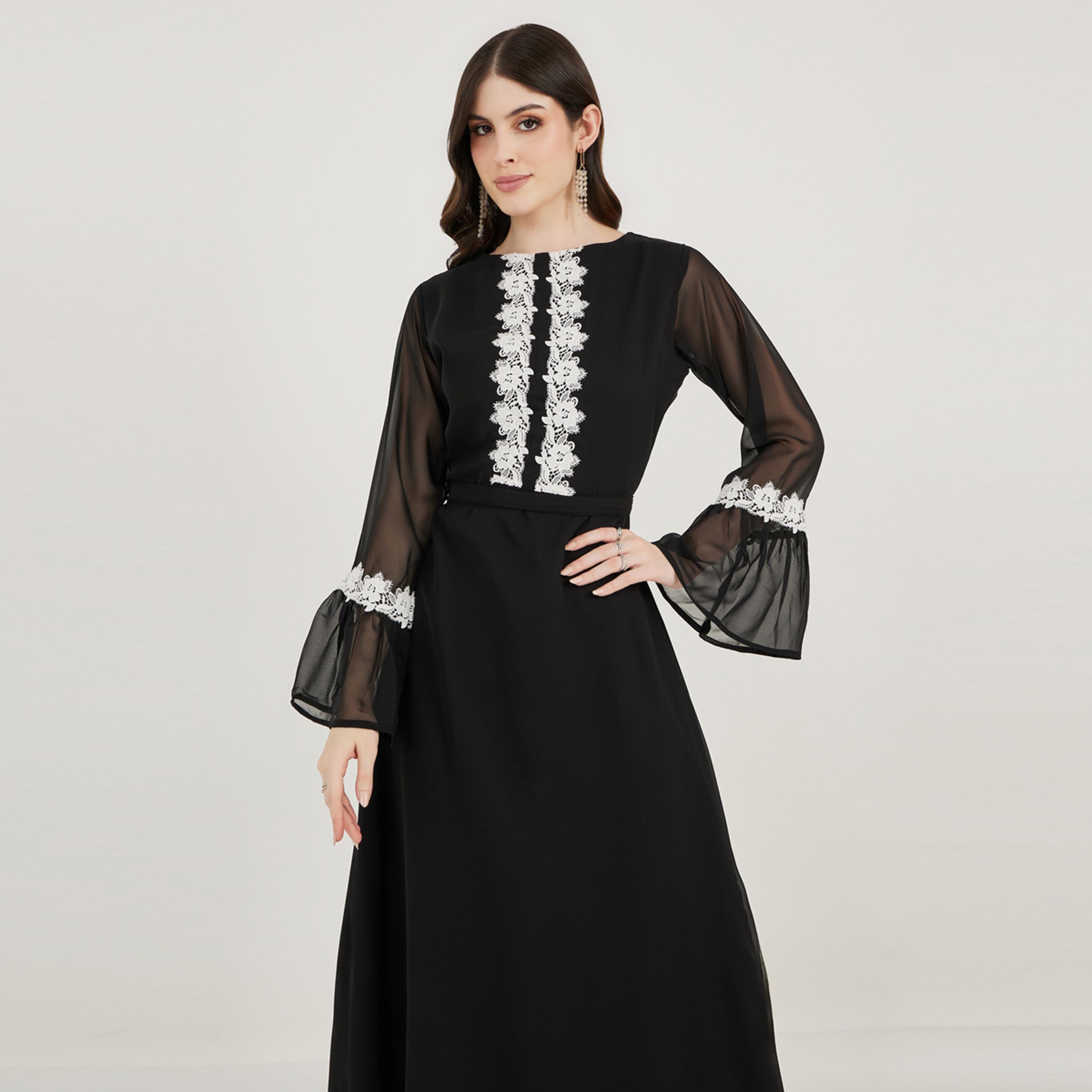 Maxim Creation X Styli  Flower Lace Insert Bell Sleeve Maxi Dress-women-arabicclothing-kaftan-image-2