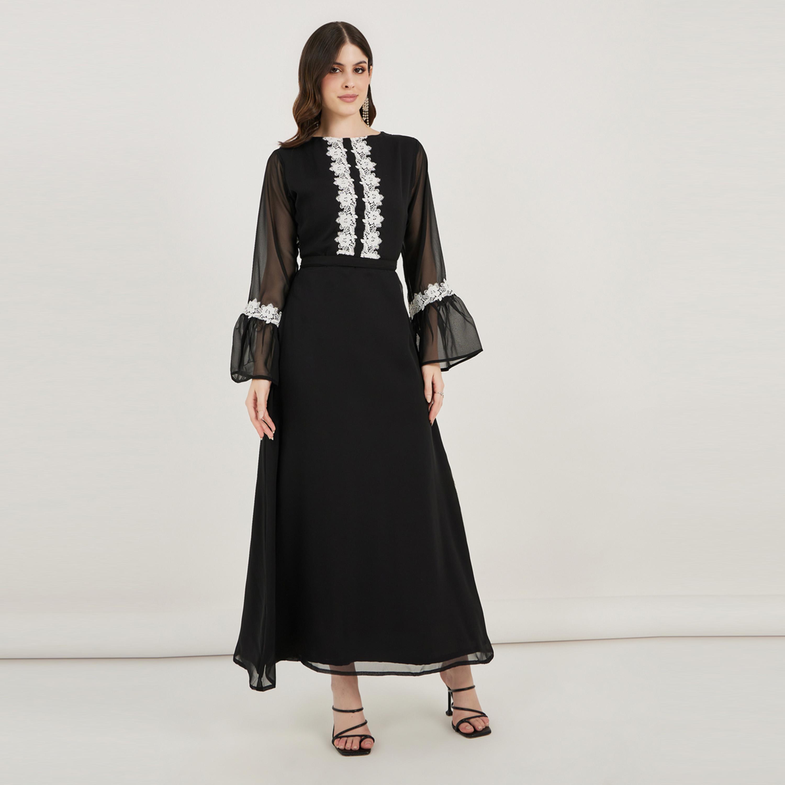 Maxim Creation X Styli  Flower Lace Insert Bell Sleeve Maxi Dress-women-arabicclothing-kaftan-image-4
