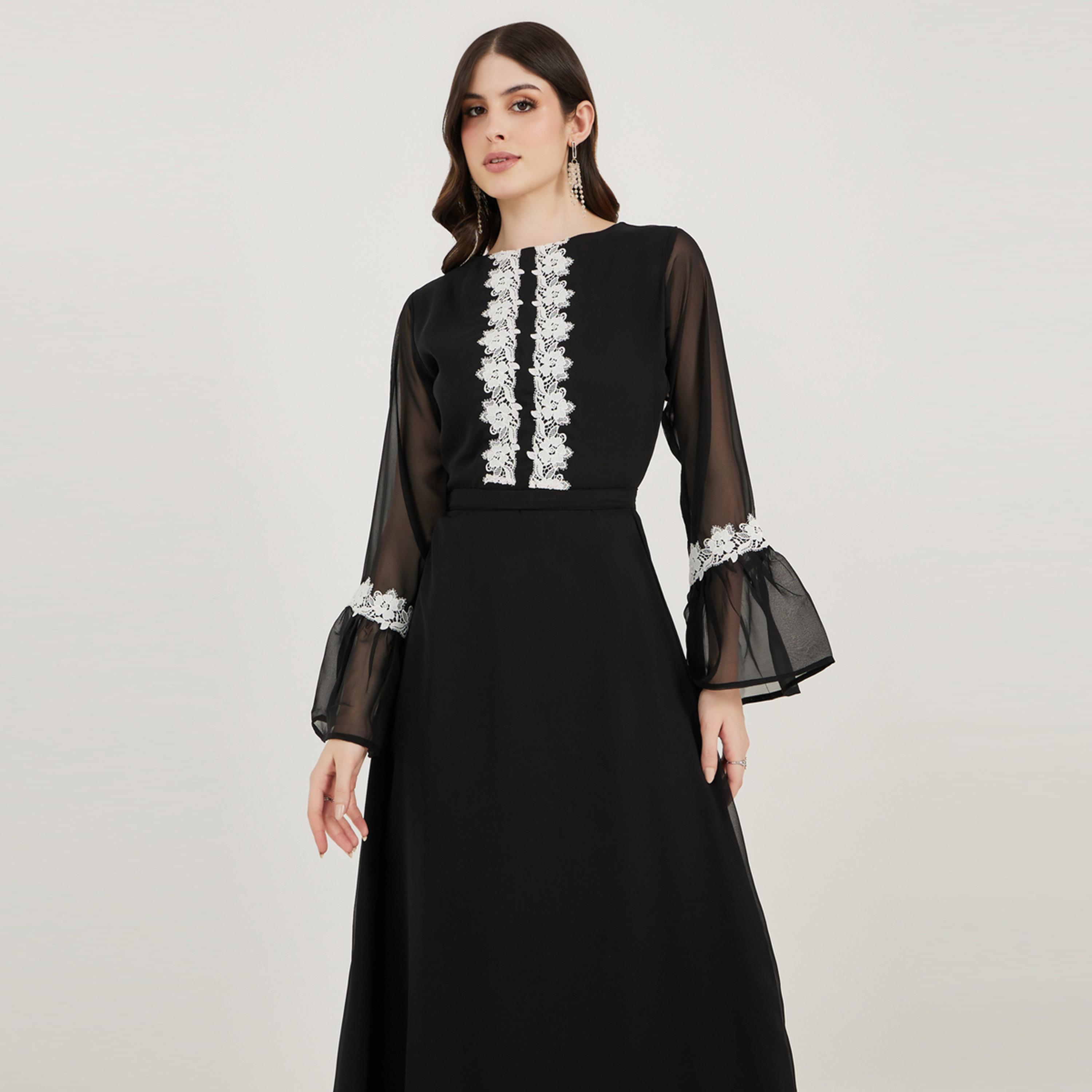 Maxim Creation X Styli  Flower Lace Insert Bell Sleeve Maxi Dress-women-arabicclothing-kaftan-image-5