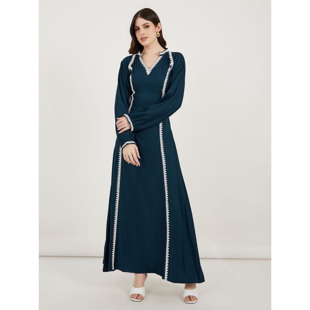 Maxim Creation V Neck Lace Insert Kaftan-women-arabicclothing-kaftan-image-1