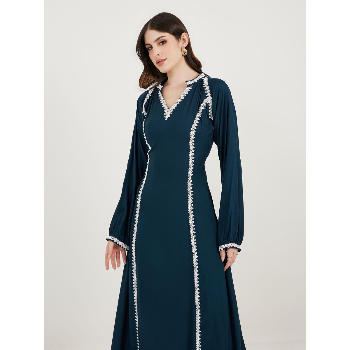 Maxim Creation V Neck Lace Insert Kaftan-women-arabicclothing-kaftan-image-2