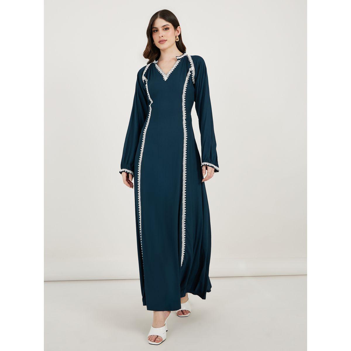 Maxim Creation V Neck Lace Insert Kaftan-women-arabicclothing-kaftan-image-4