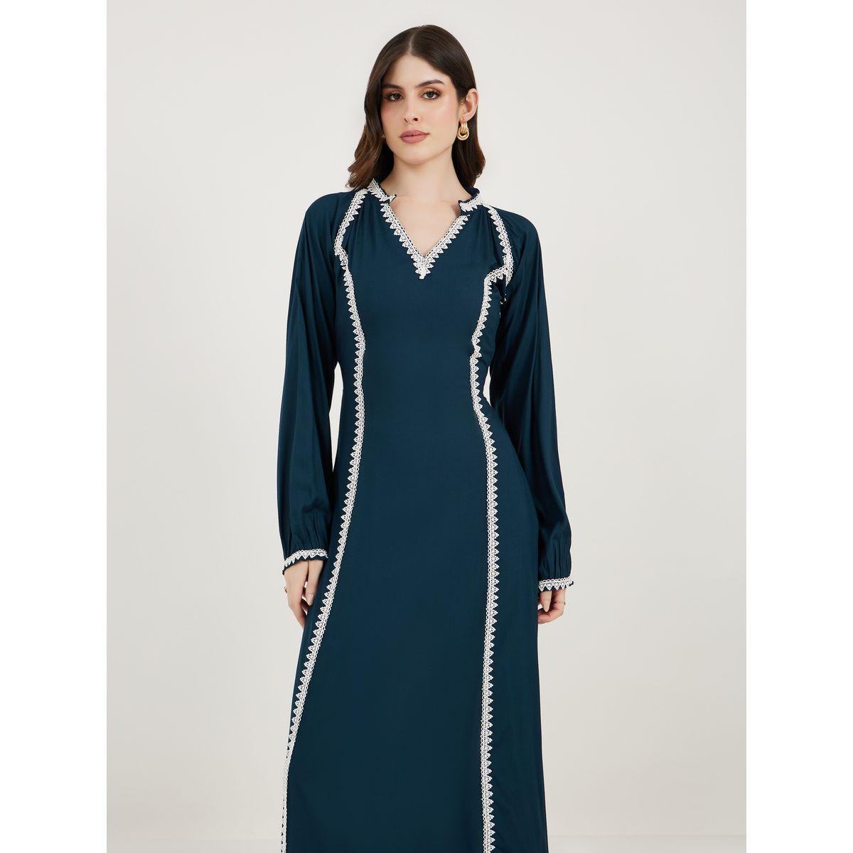 Maxim Creation V Neck Lace Insert Kaftan-women-arabicclothing-kaftan-image-5