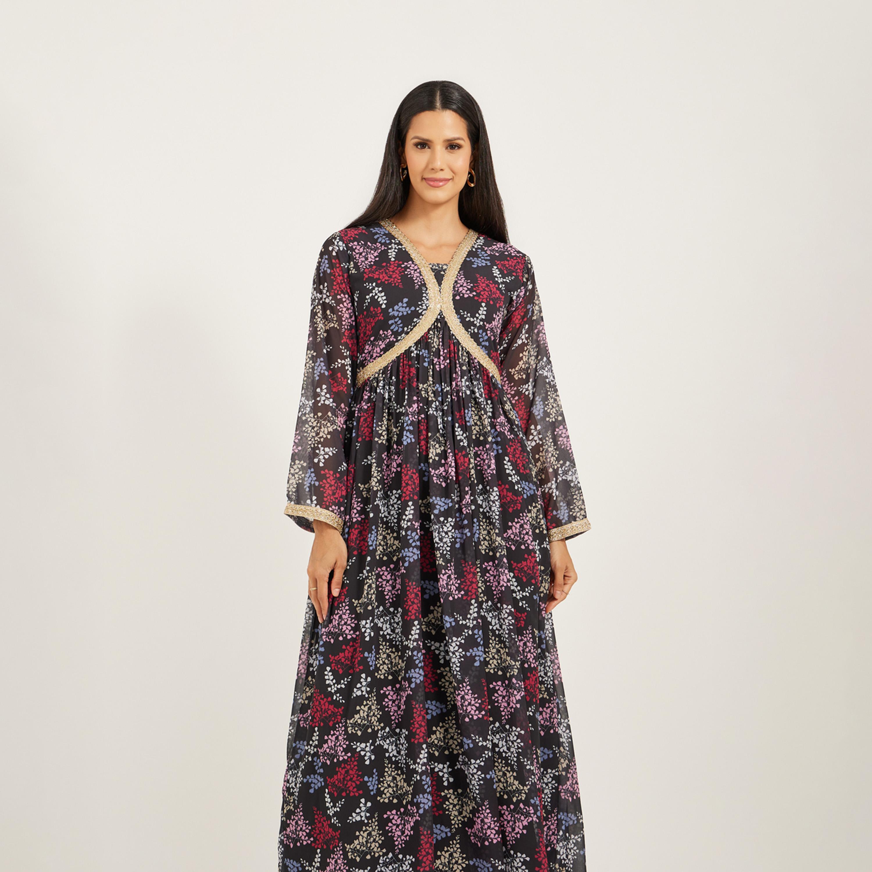 Maxim Creation X Styli Printed A-Line Lace V-Neck Kaftan-women-arabicclothing-kaftan-image-3