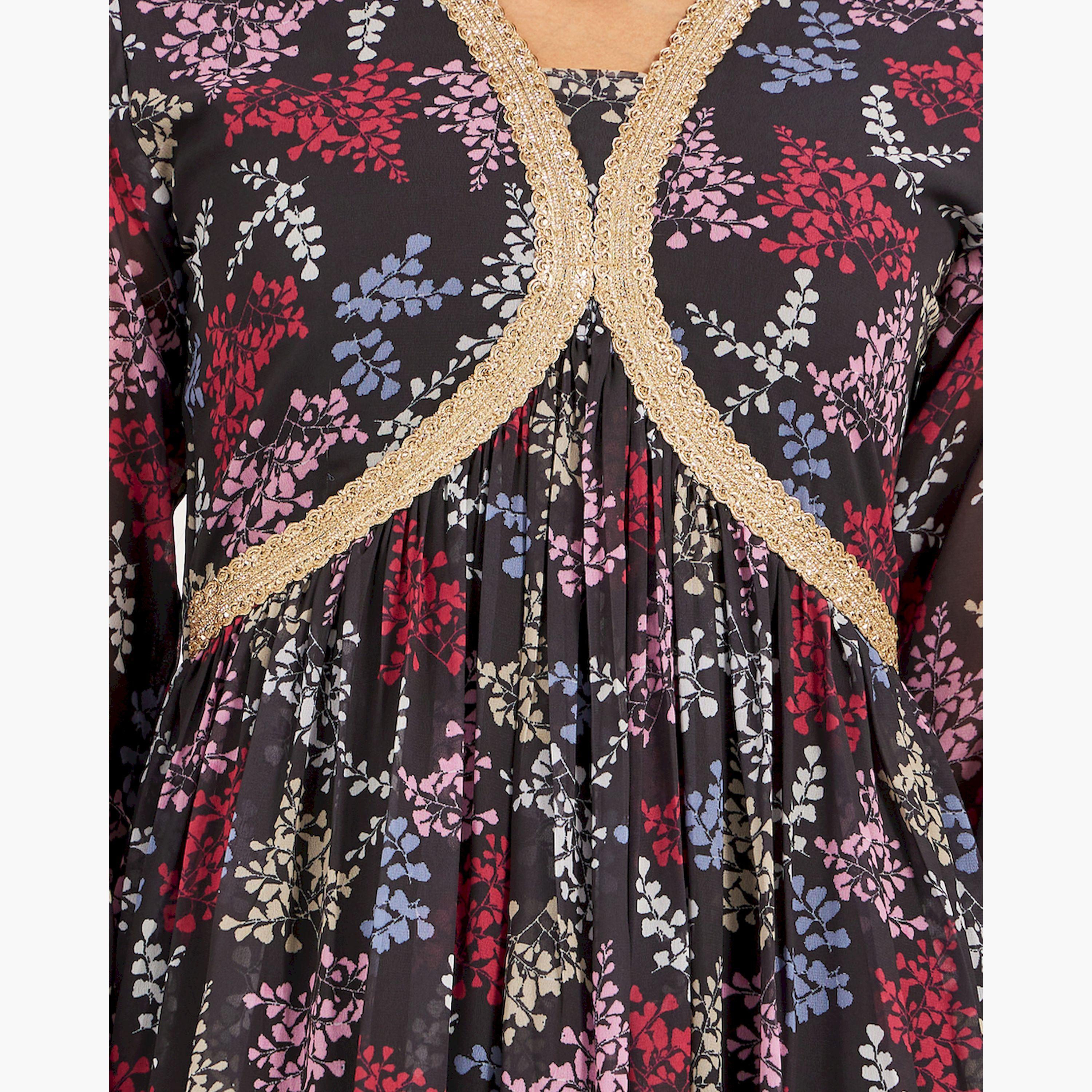 Maxim Creation X Styli Printed A-Line Lace V-Neck Kaftan-women-arabicclothing-kaftan-image-4
