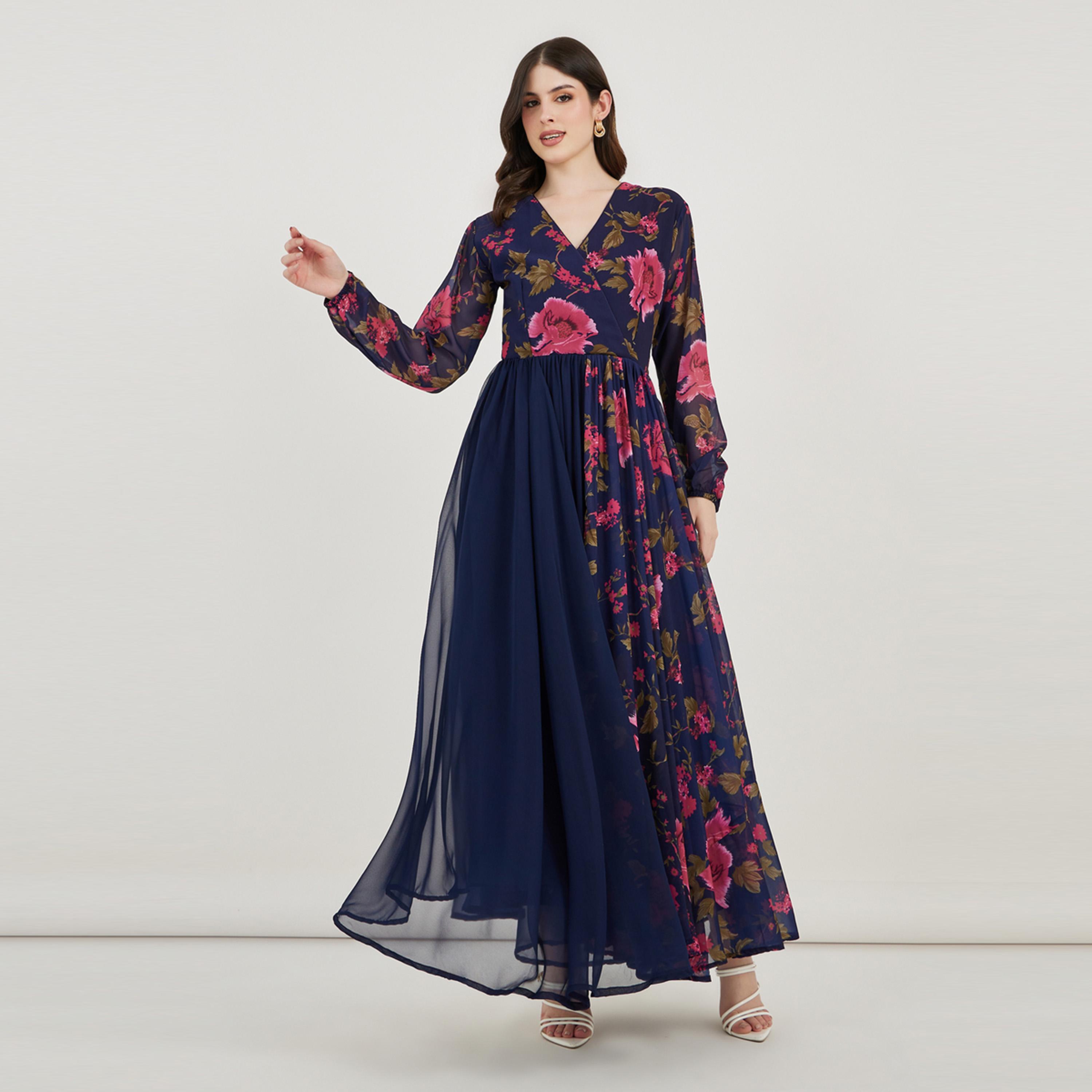 Maxim Creation X Styli  Floral Print Pleated Hem Drape Maxi Dress-women-arabicclothing-kaftan-image-1