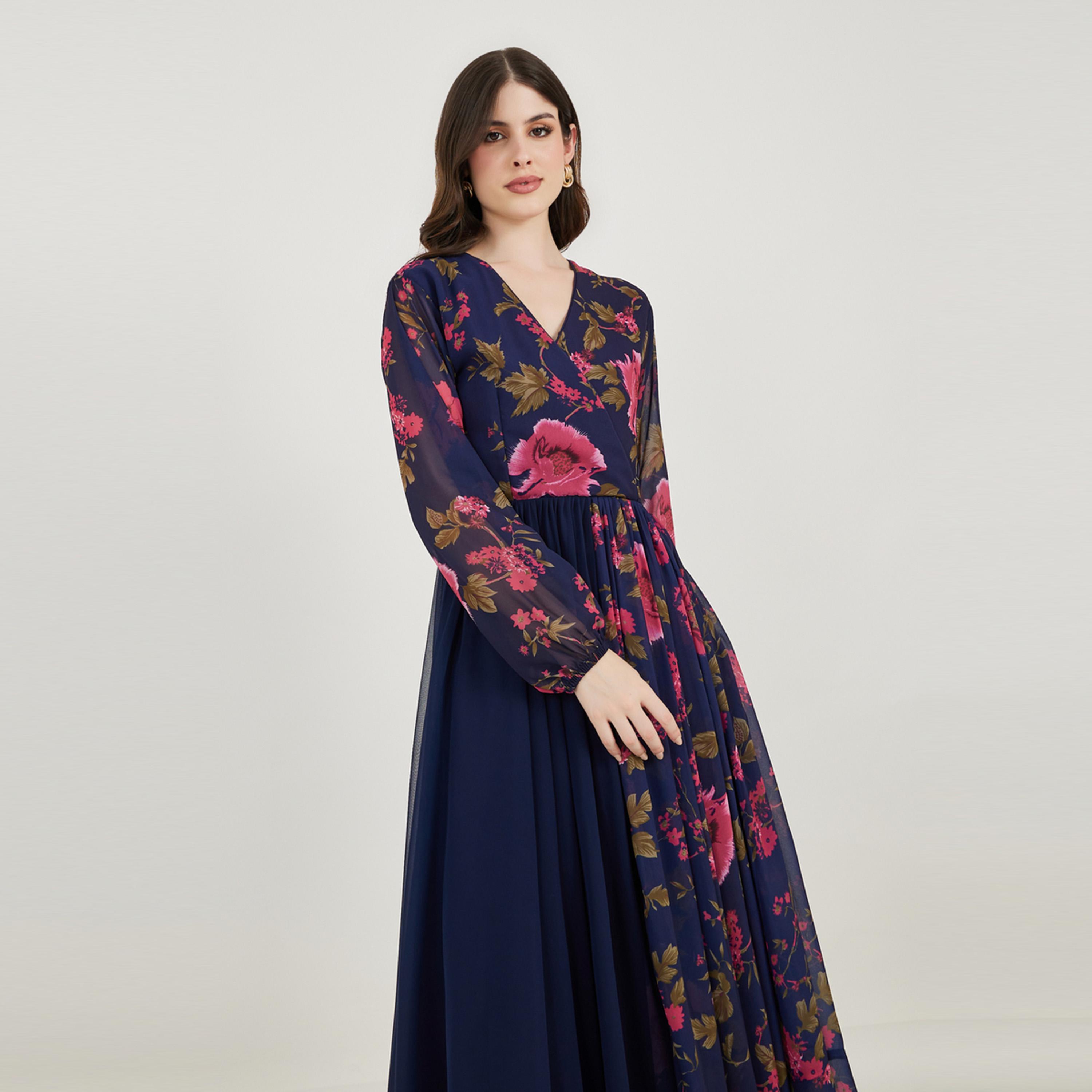 Maxim Creation X Styli  Floral Print Pleated Hem Drape Maxi Dress-women-arabicclothing-kaftan-image-2
