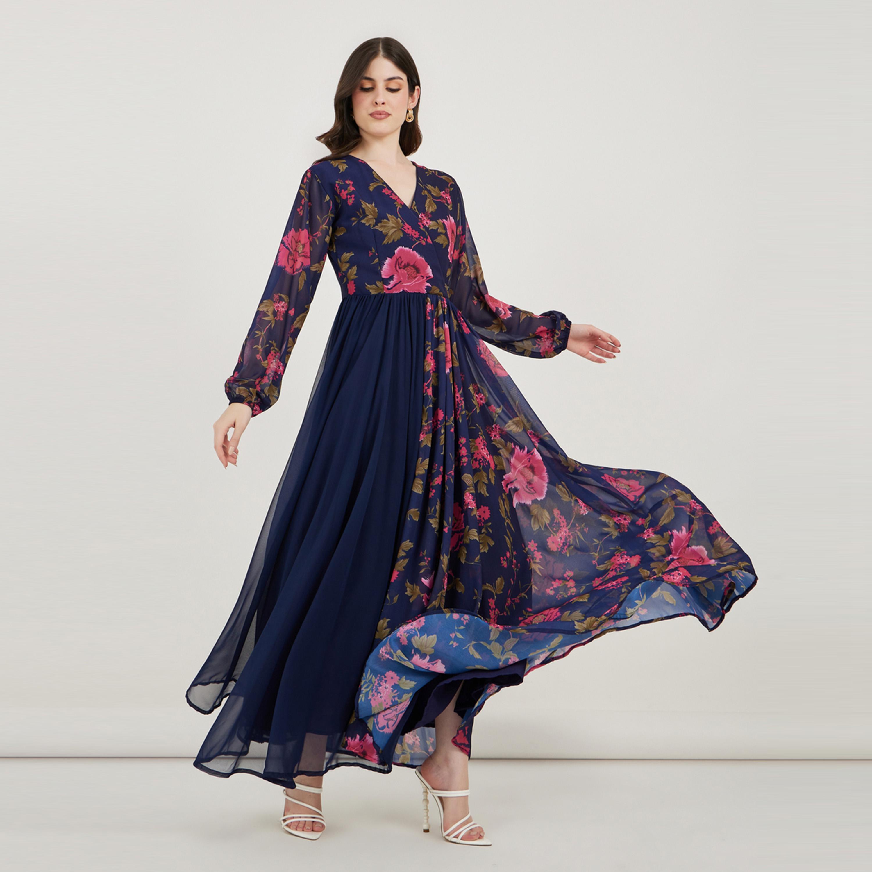 Maxim Creation X Styli  Floral Print Pleated Hem Drape Maxi Dress-women-arabicclothing-kaftan-image-4