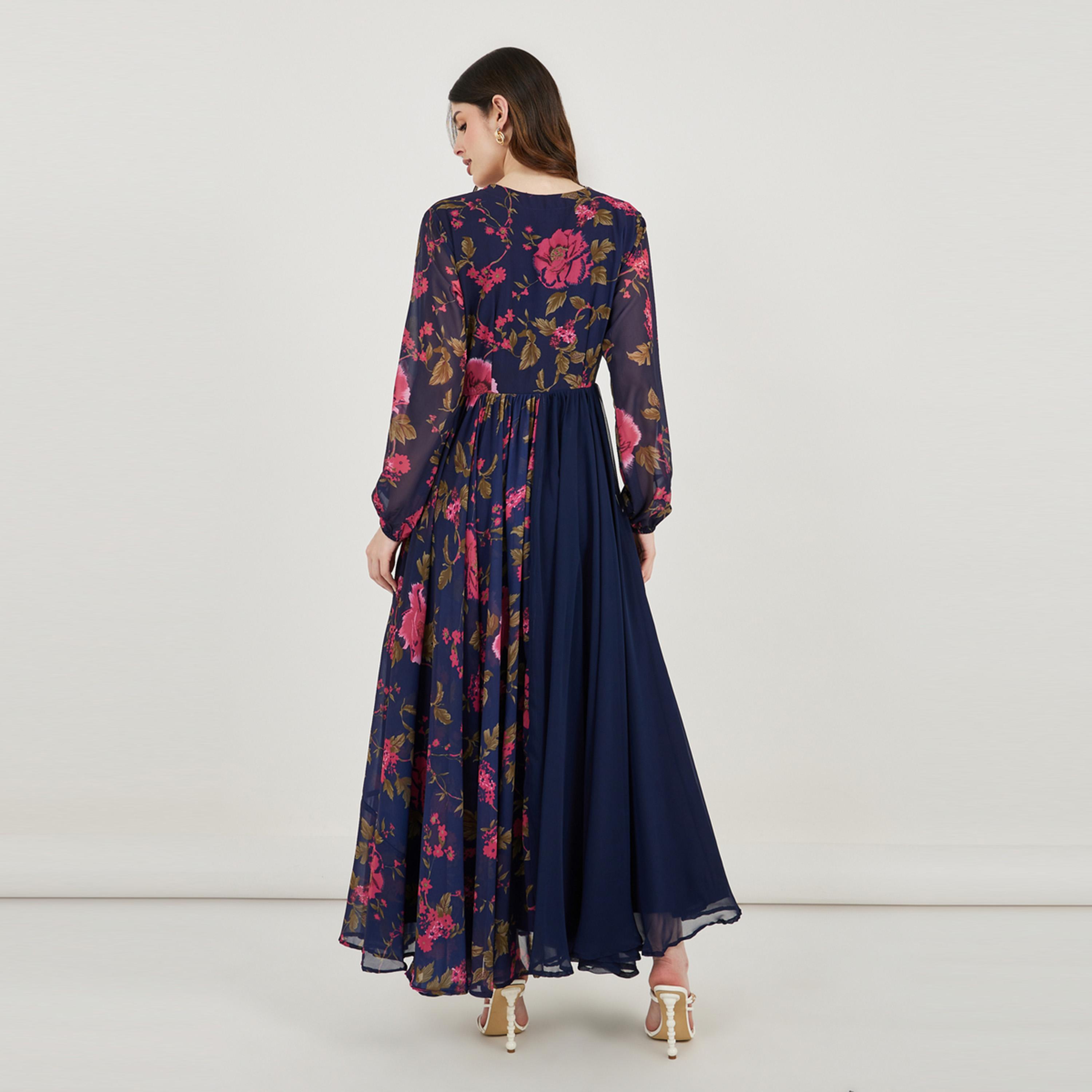 Maxim Creation X Styli  Floral Print Pleated Hem Drape Maxi Dress-women-arabicclothing-kaftan-image-5