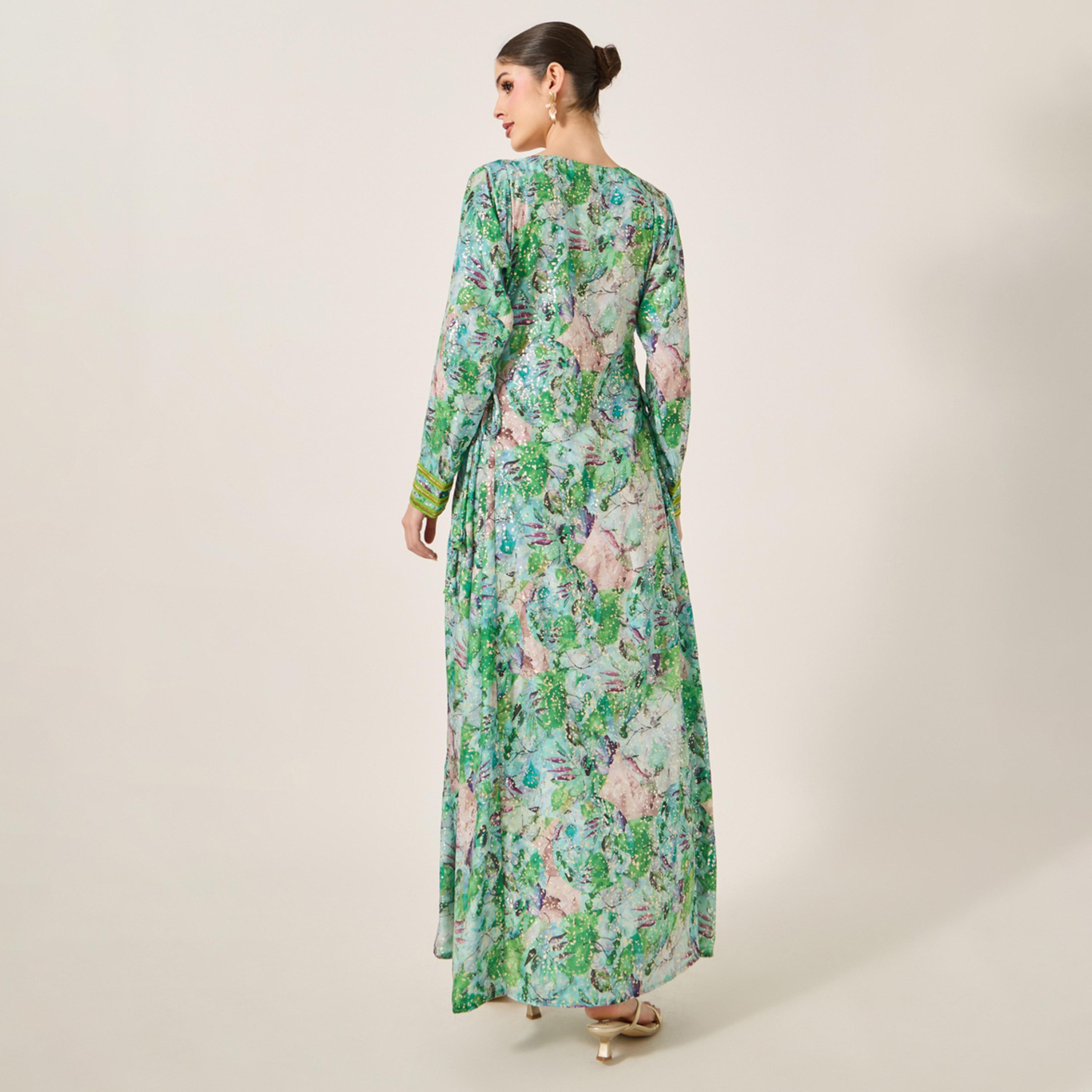 Maxim Creation X Styli Printed Lace Detail V-Neck A-Line Kaftan-women-arabicclothing-kaftan-image-6