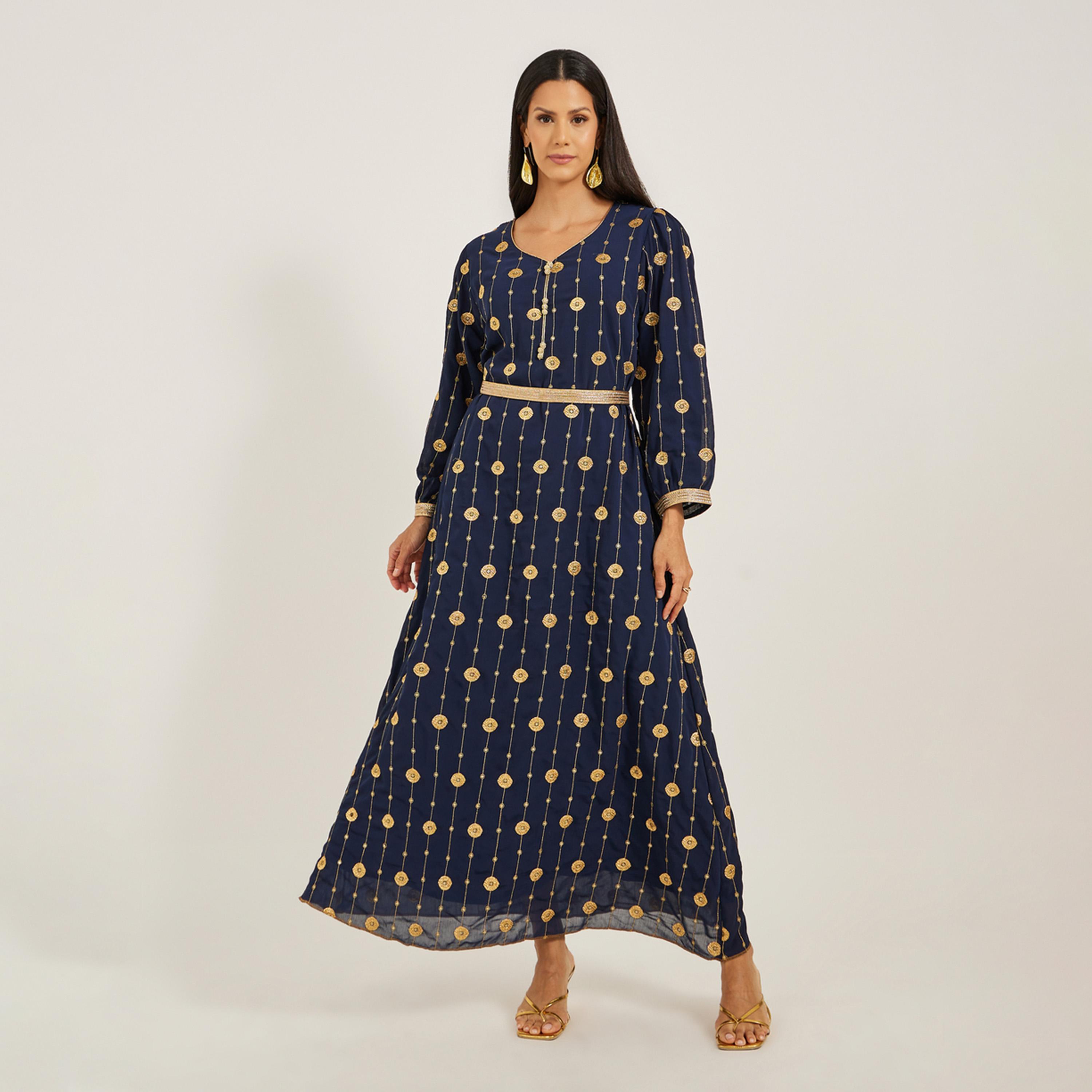 Maxim Creation X Styli Embroidered V-Neck A-Line Kaftan with Belt-women-arabicclothing-kaftan-image-1