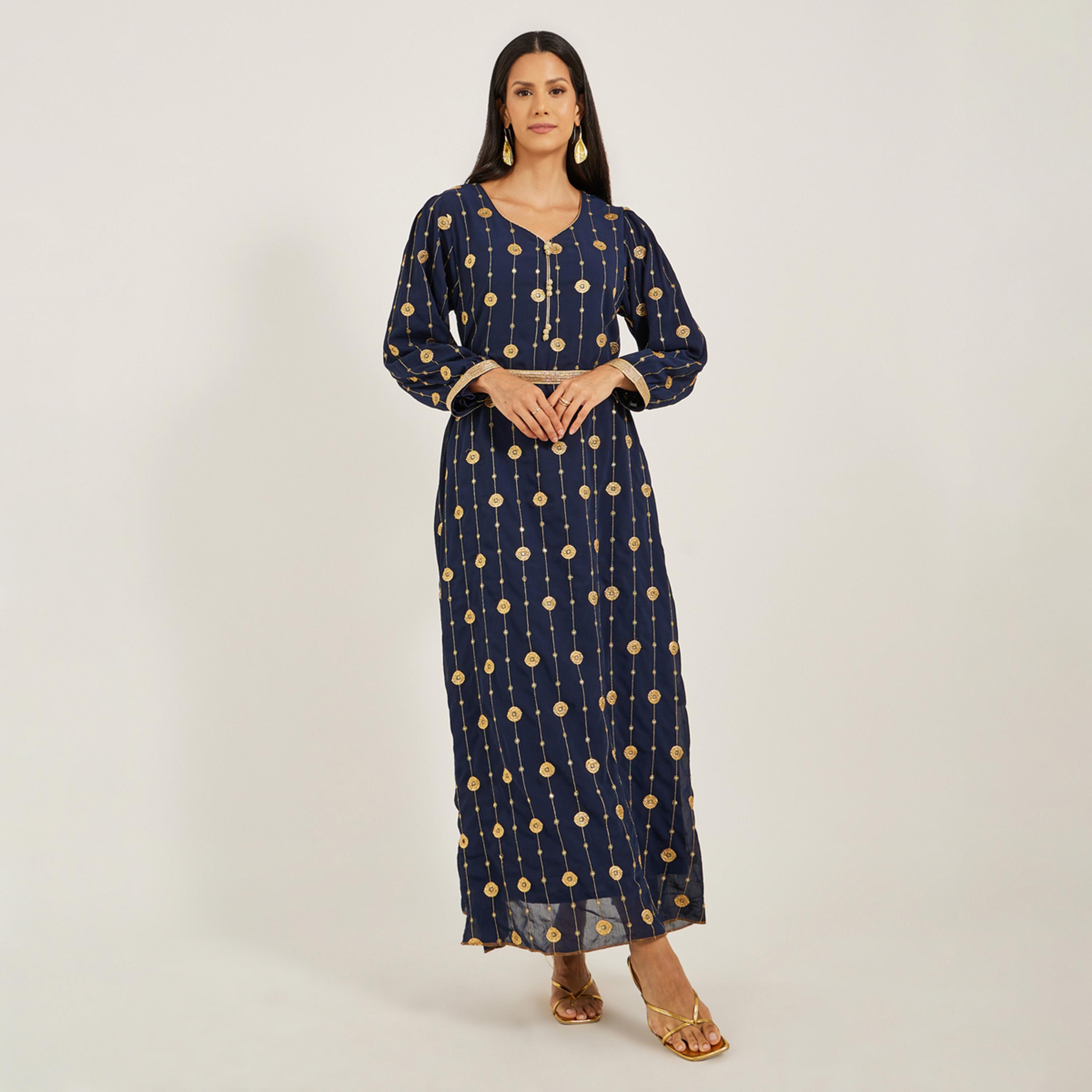 Maxim Creation X Styli Embroidered V-Neck A-Line Kaftan with Belt-women-arabicclothing-kaftan-image-2