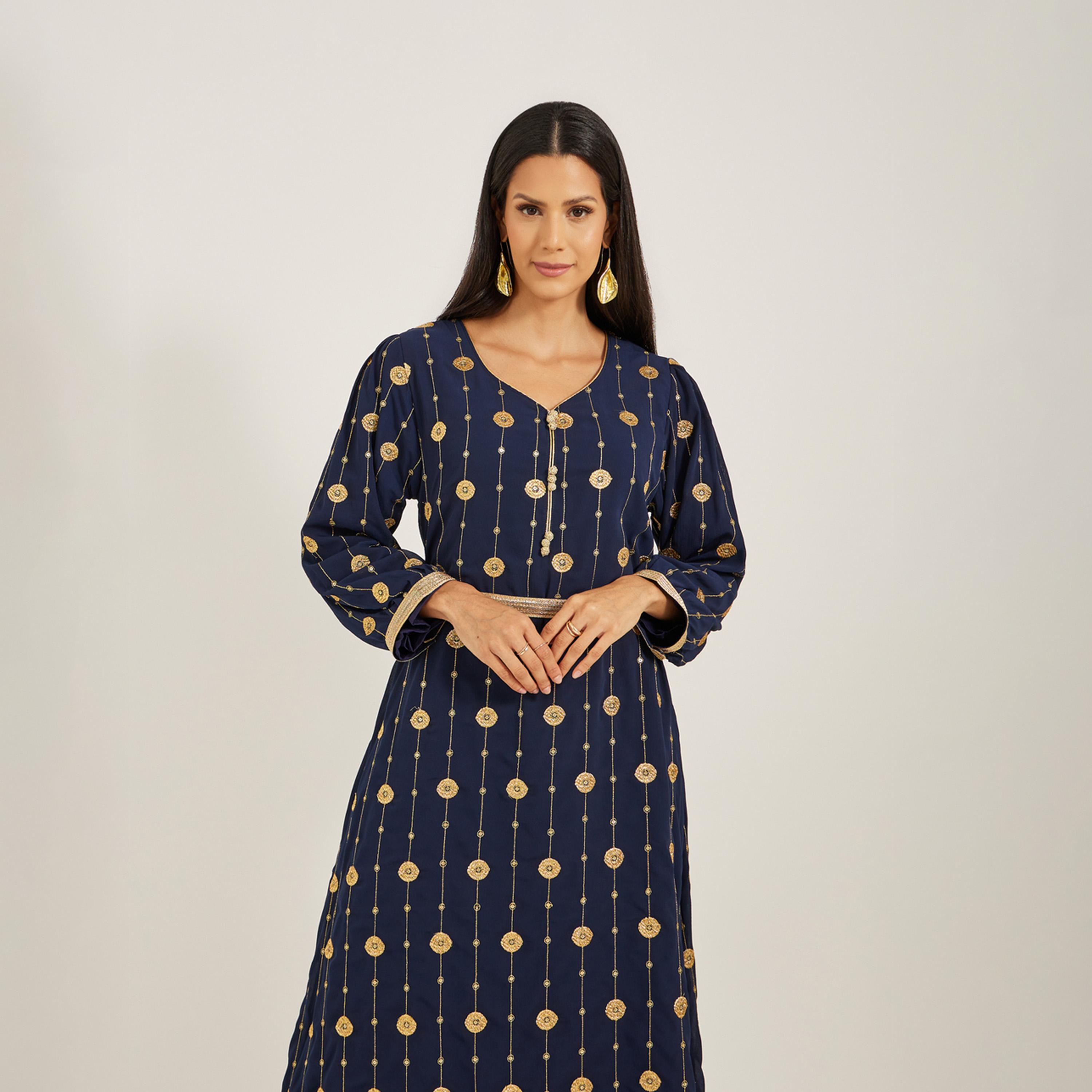 Maxim Creation X Styli Embroidered V-Neck A-Line Kaftan with Belt-women-arabicclothing-kaftan-image-3