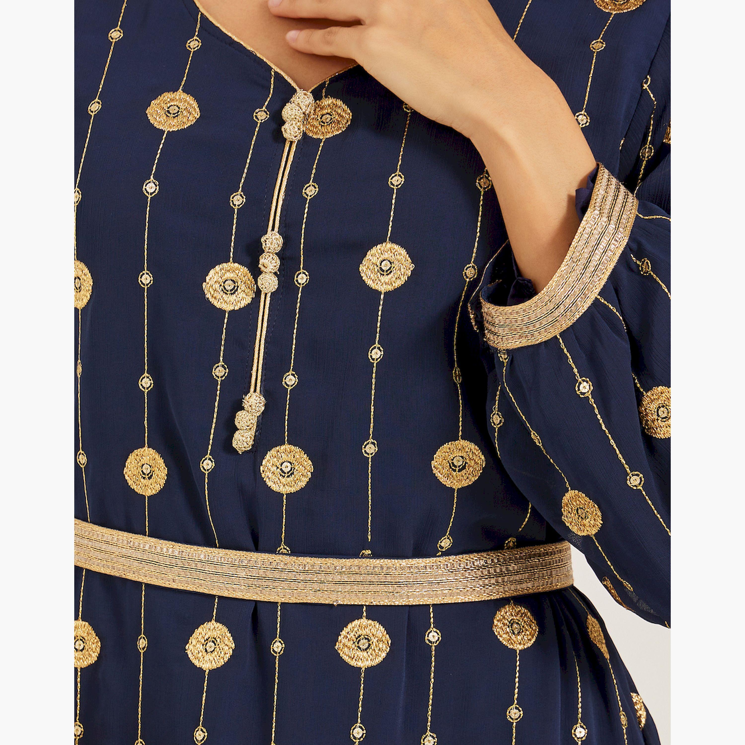 Maxim Creation X Styli Embroidered V-Neck A-Line Kaftan with Belt-women-arabicclothing-kaftan-image-4