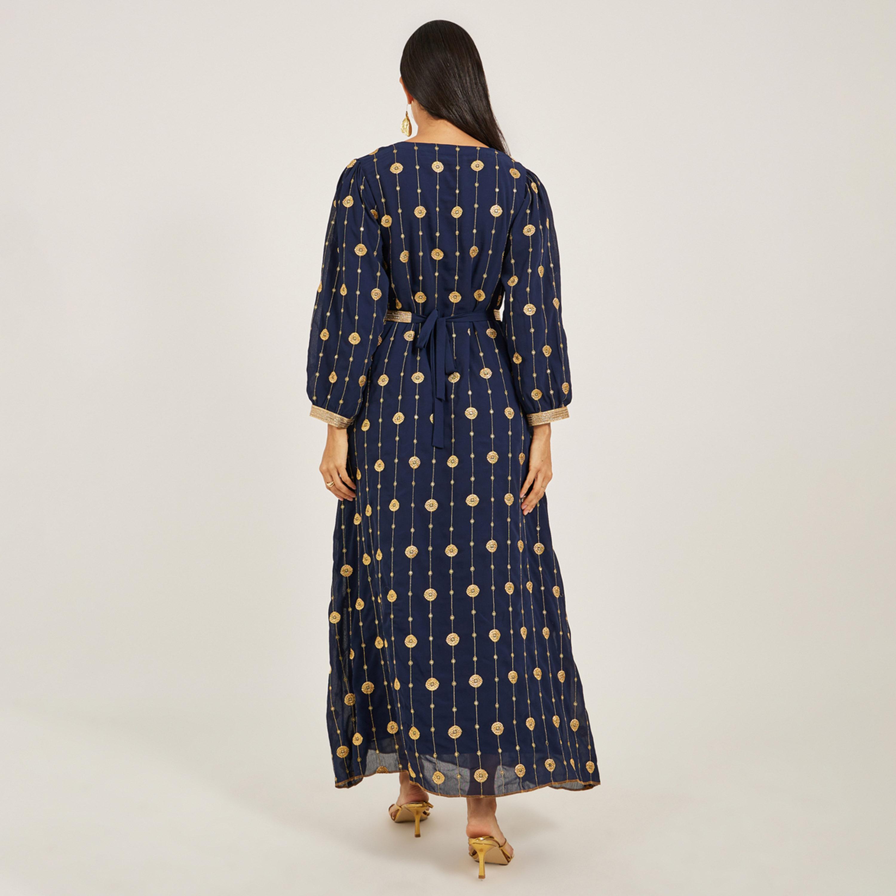 Maxim Creation X Styli Embroidered V-Neck A-Line Kaftan with Belt-women-arabicclothing-kaftan-image-5