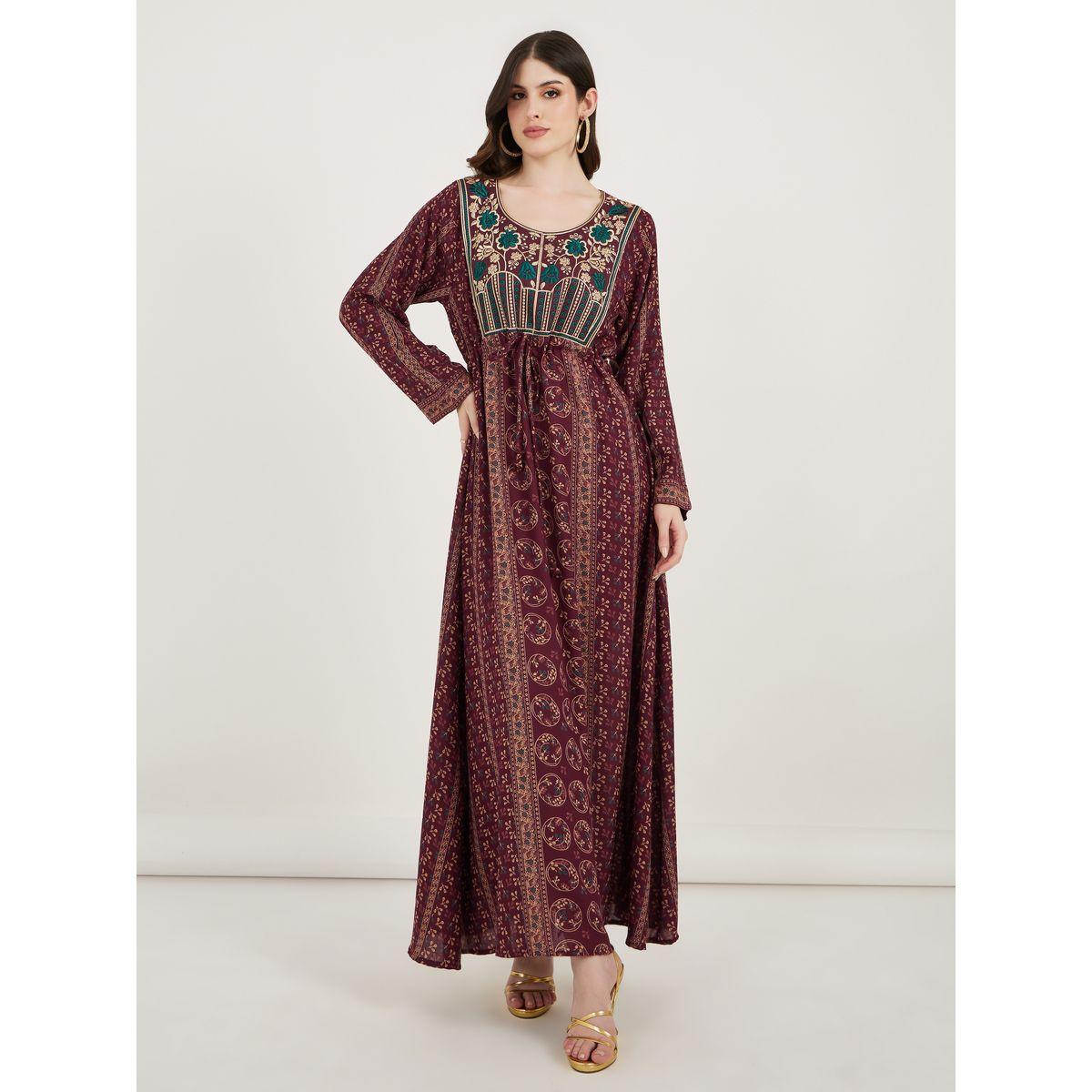 قفطان مطبع بالكامل ومزين بخيوط ثريد-women-arabicclothing-kaftan-image-4