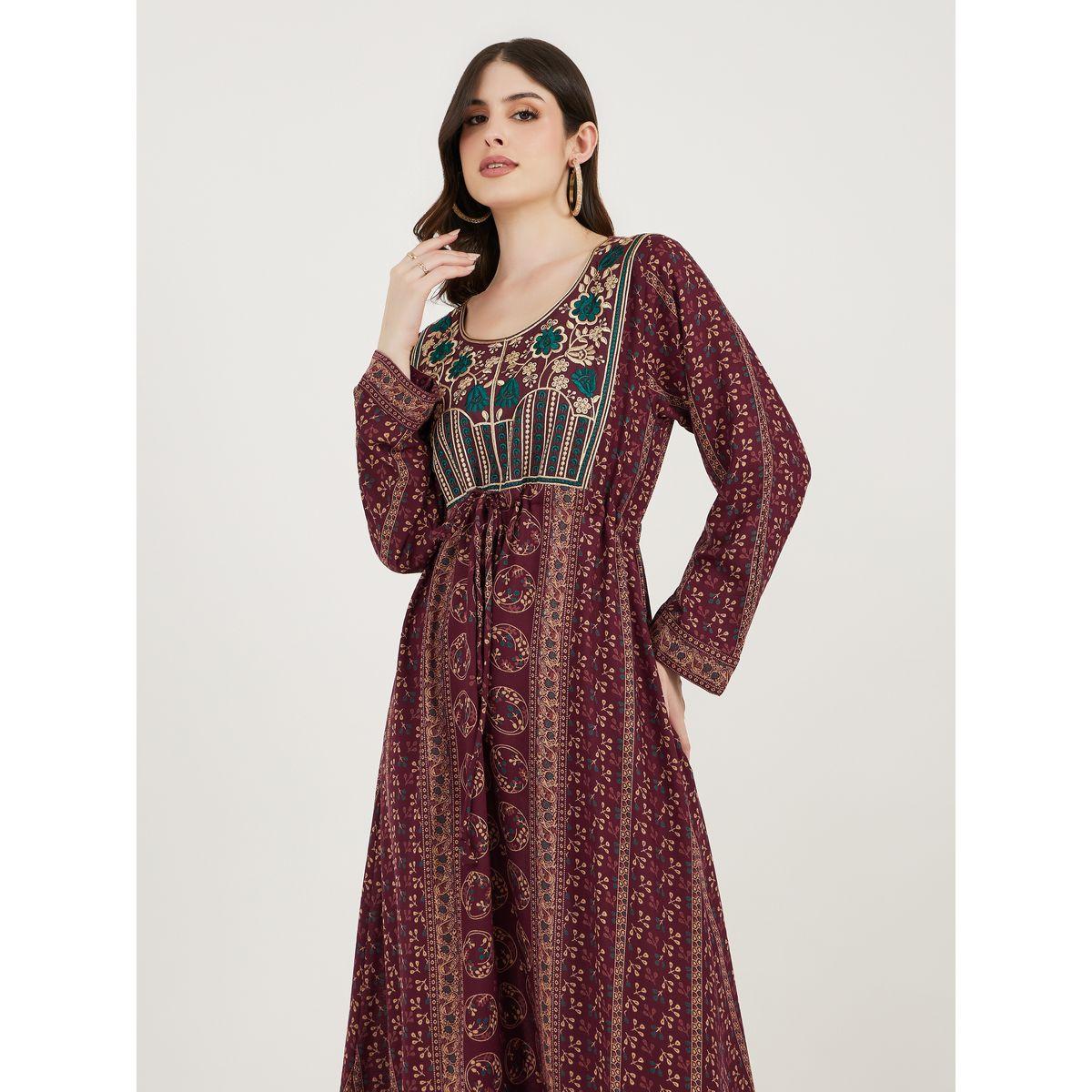 قفطان مطبع بالكامل ومزين بخيوط ثريد-women-arabicclothing-kaftan-image-3