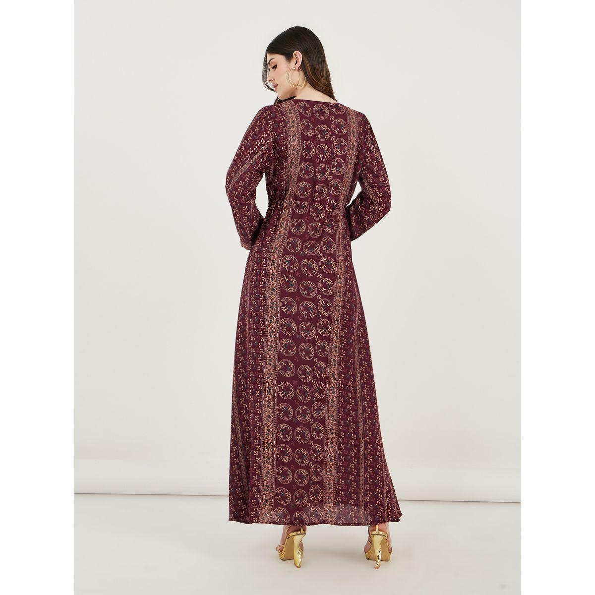 قفطان مطبع بالكامل ومزين بخيوط ثريد-women-arabicclothing-kaftan-image-1