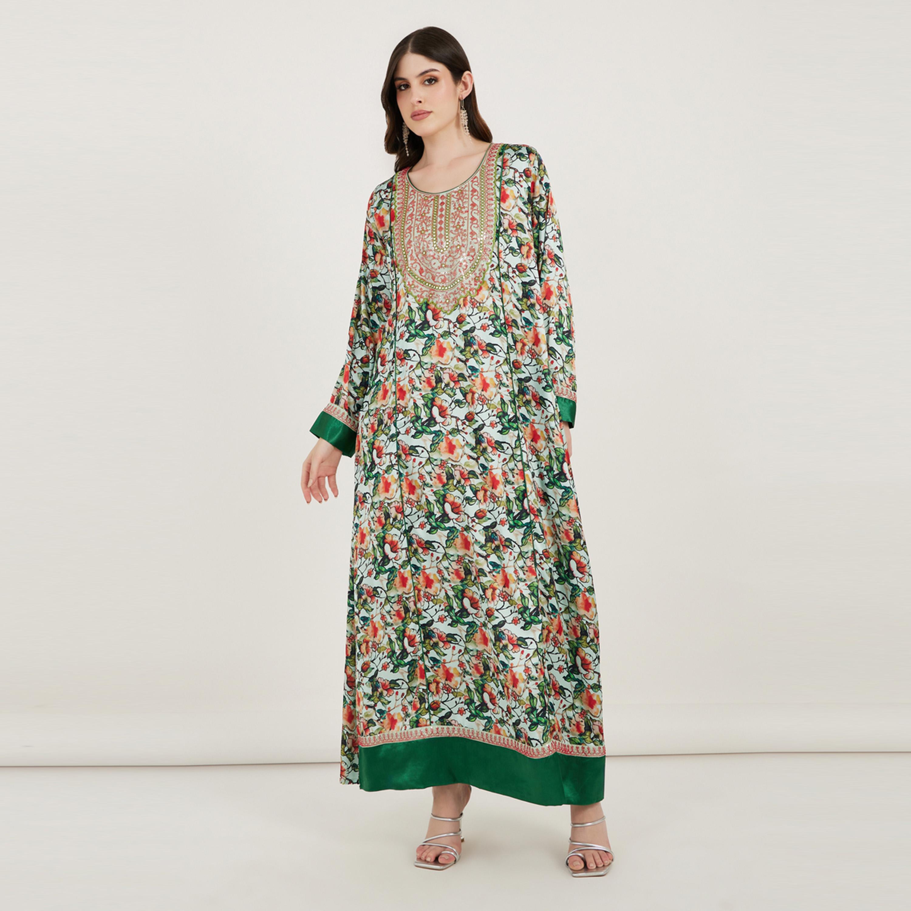 Maxim Creation X Styli  All Over Print Kaftan Dress with Threadwork-women-arabicclothing-kaftan-image-1