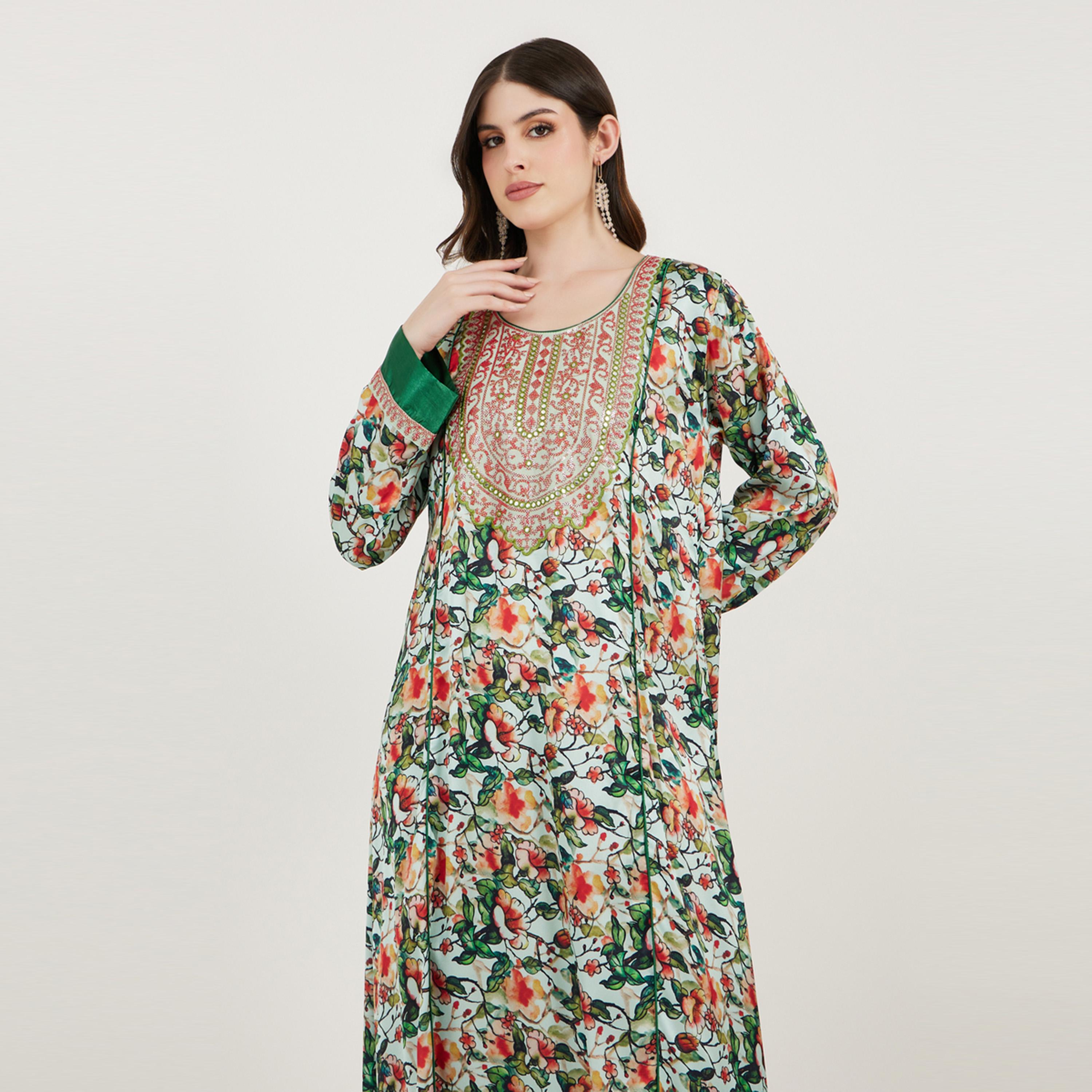 Maxim Creation X Styli  All Over Print Kaftan Dress with Threadwork-women-arabicclothing-kaftan-image-2
