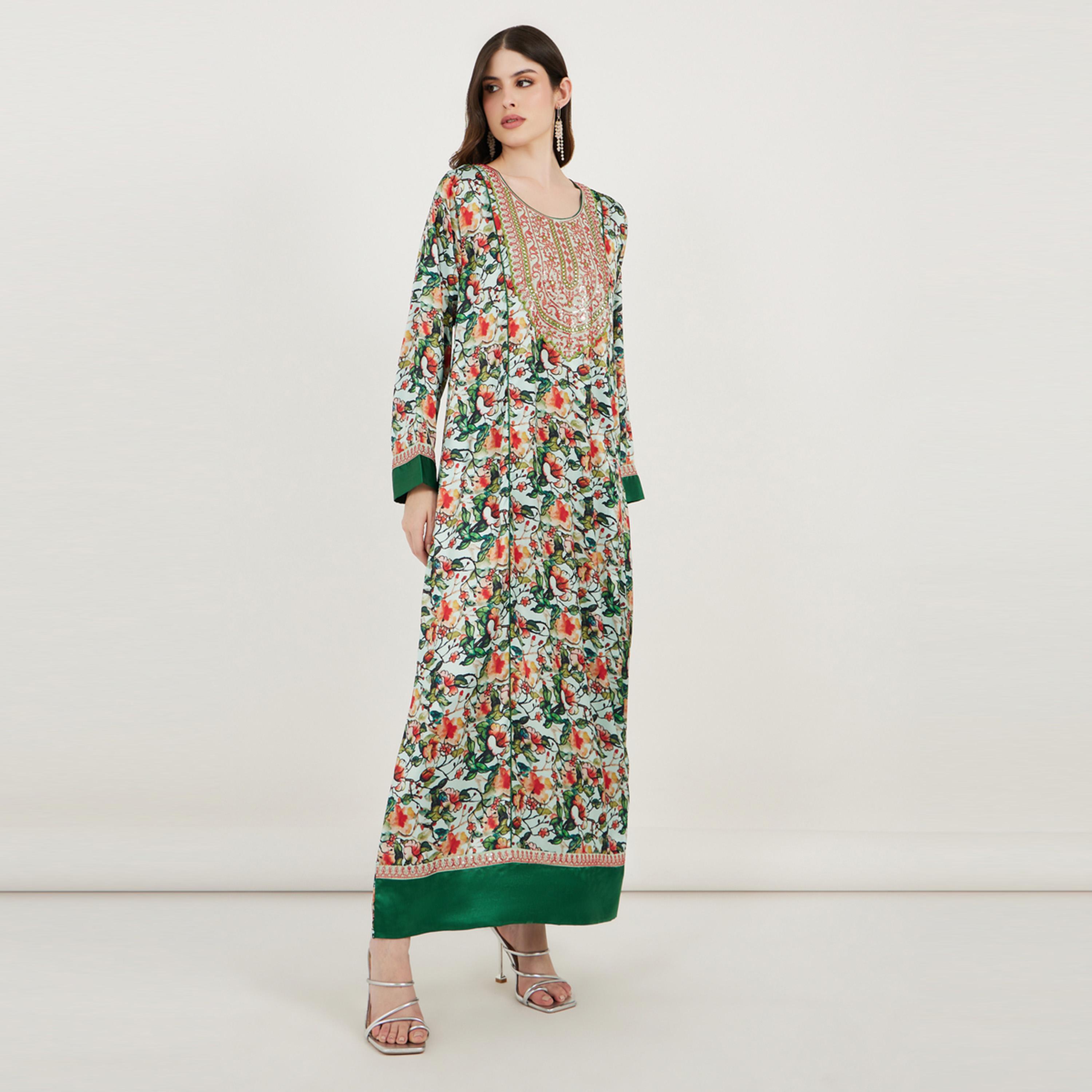 Maxim Creation X Styli  All Over Print Kaftan Dress with Threadwork-women-arabicclothing-kaftan-image-3