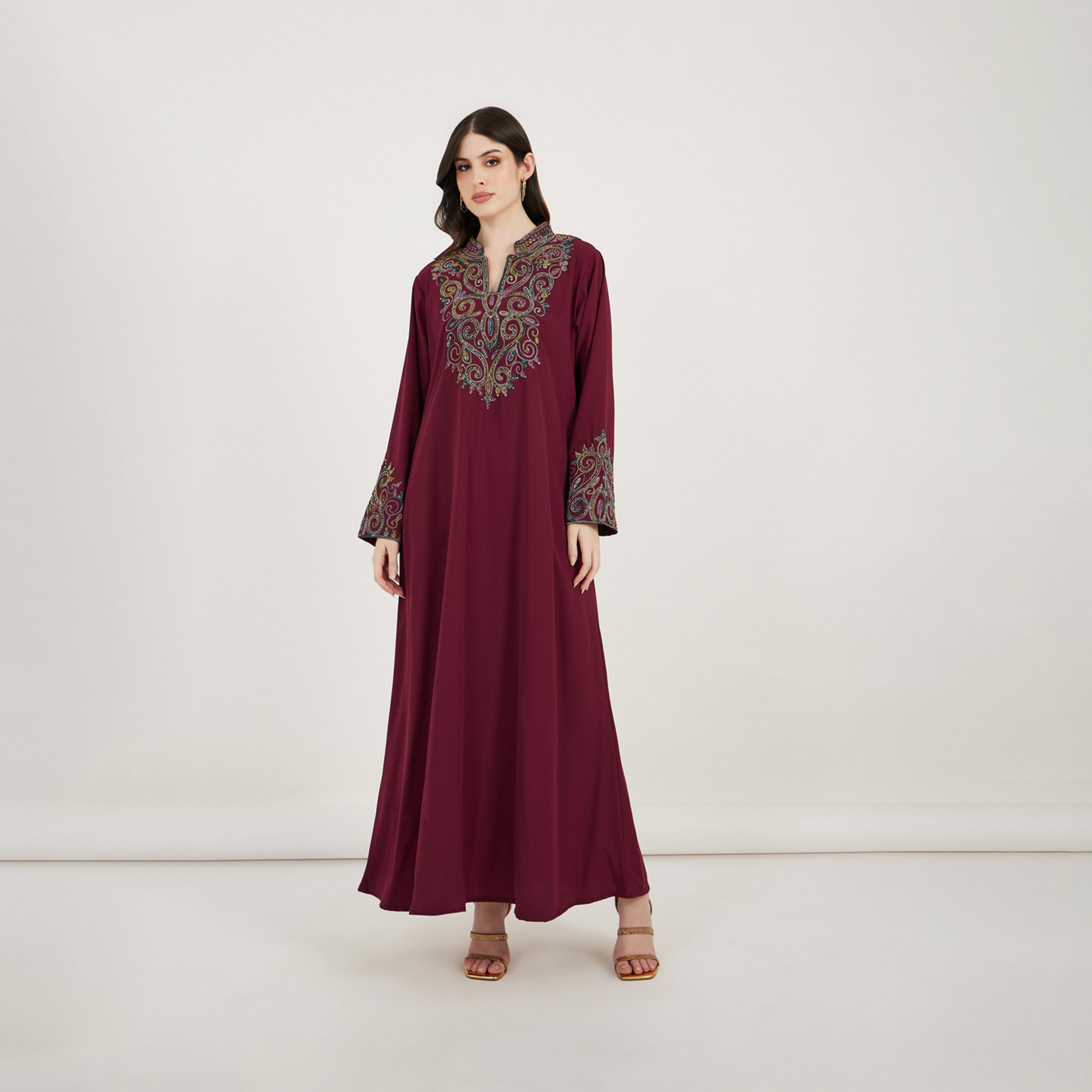 Maxim Creation X Styli Multi Dori Work Notch Neck Kaftan-women-arabicclothing-kaftan-image-1