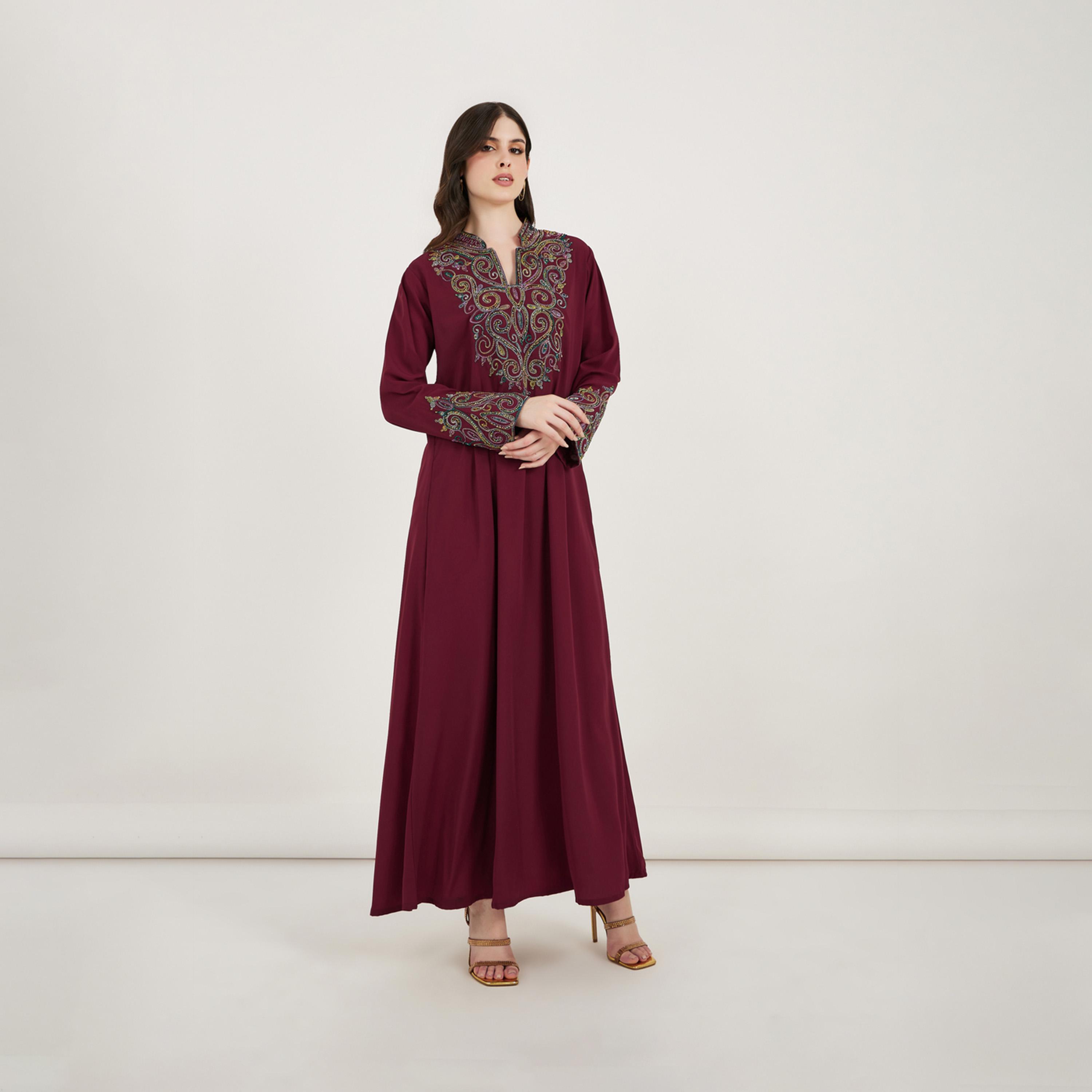 Maxim Creation X Styli Multi Dori Work Notch Neck Kaftan-women-arabicclothing-kaftan-image-2