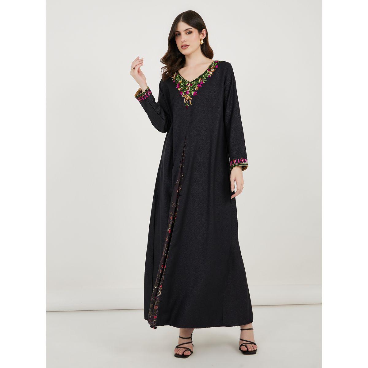 Maxim Creation X Styli  Embroidered V Neck Kaftan with Printed Panel-women-arabicclothing-kaftan-image-1