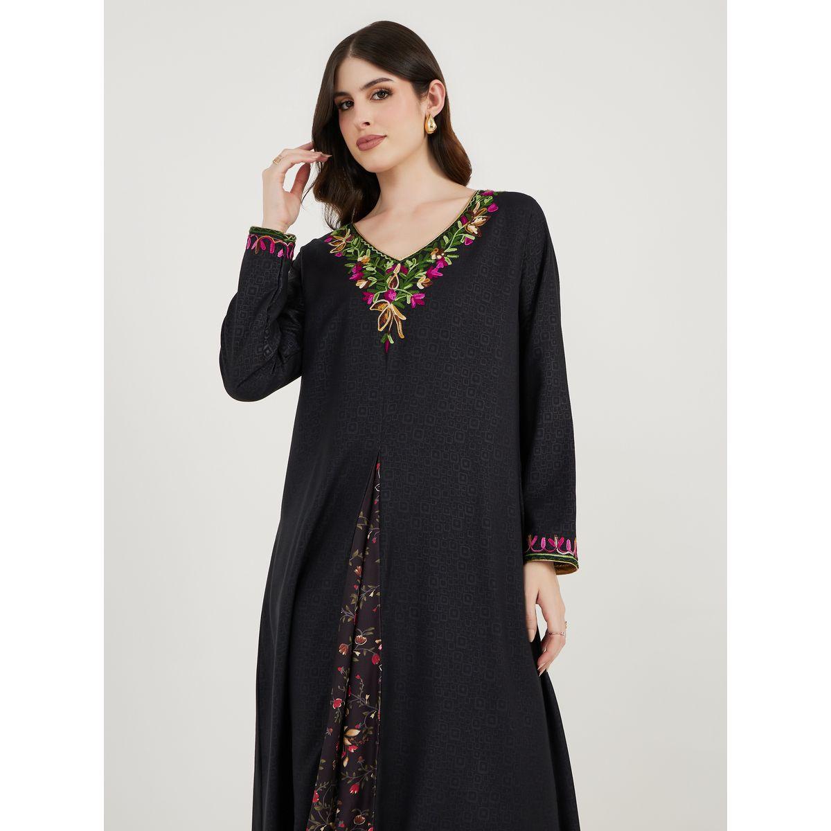 Maxim Creation X Styli  Embroidered V Neck Kaftan with Printed Panel-women-arabicclothing-kaftan-image-2