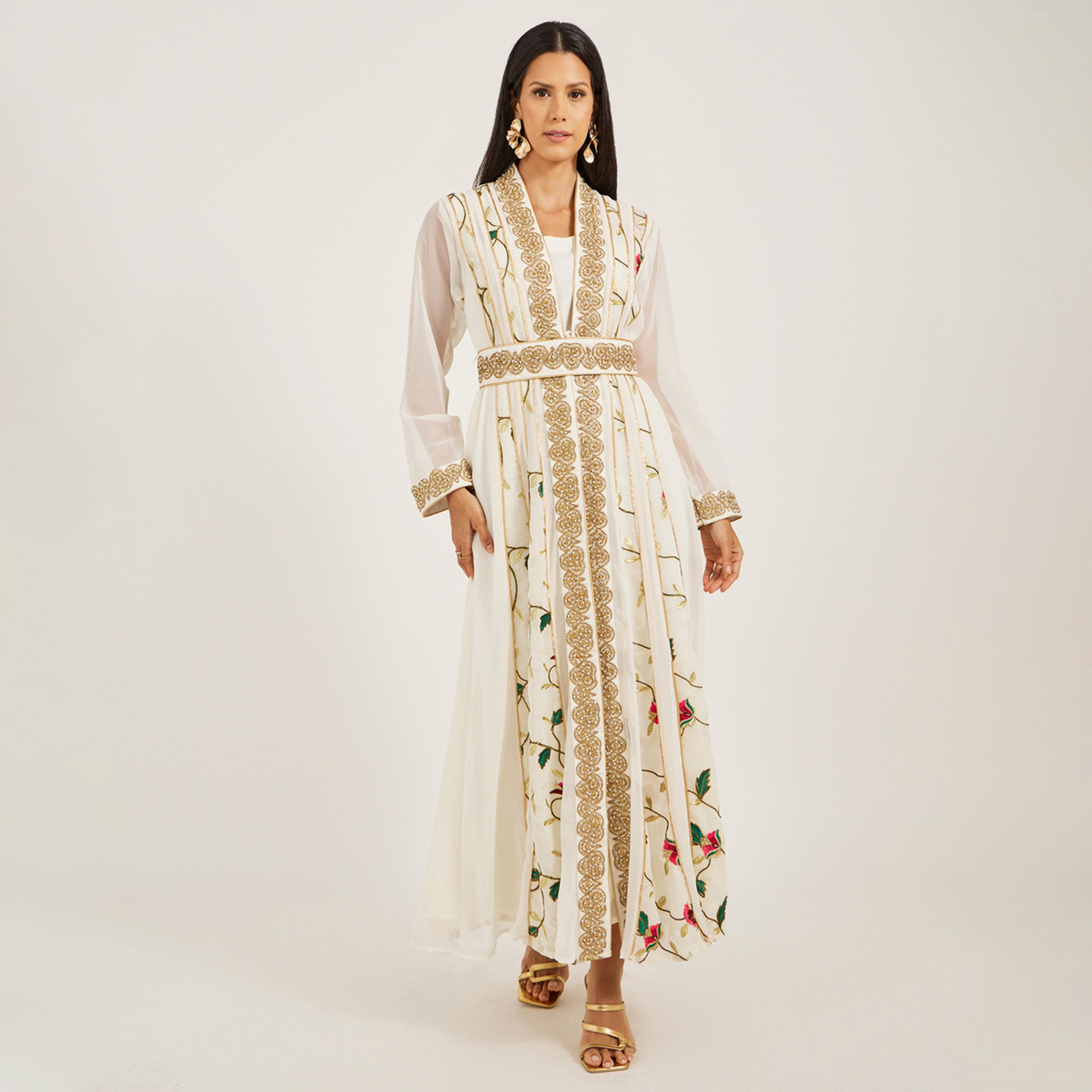 Maxim Creation X Styli Printed Embroidered Kaftan with Belt Detail-women-arabicclothing-kaftan-image-1