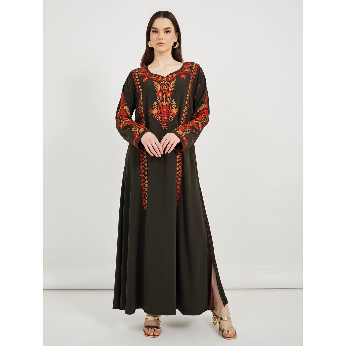 Maxim Creation X Styli  Embroidered Notch Neck Kaftan-women-arabicclothing-kaftan-image-1